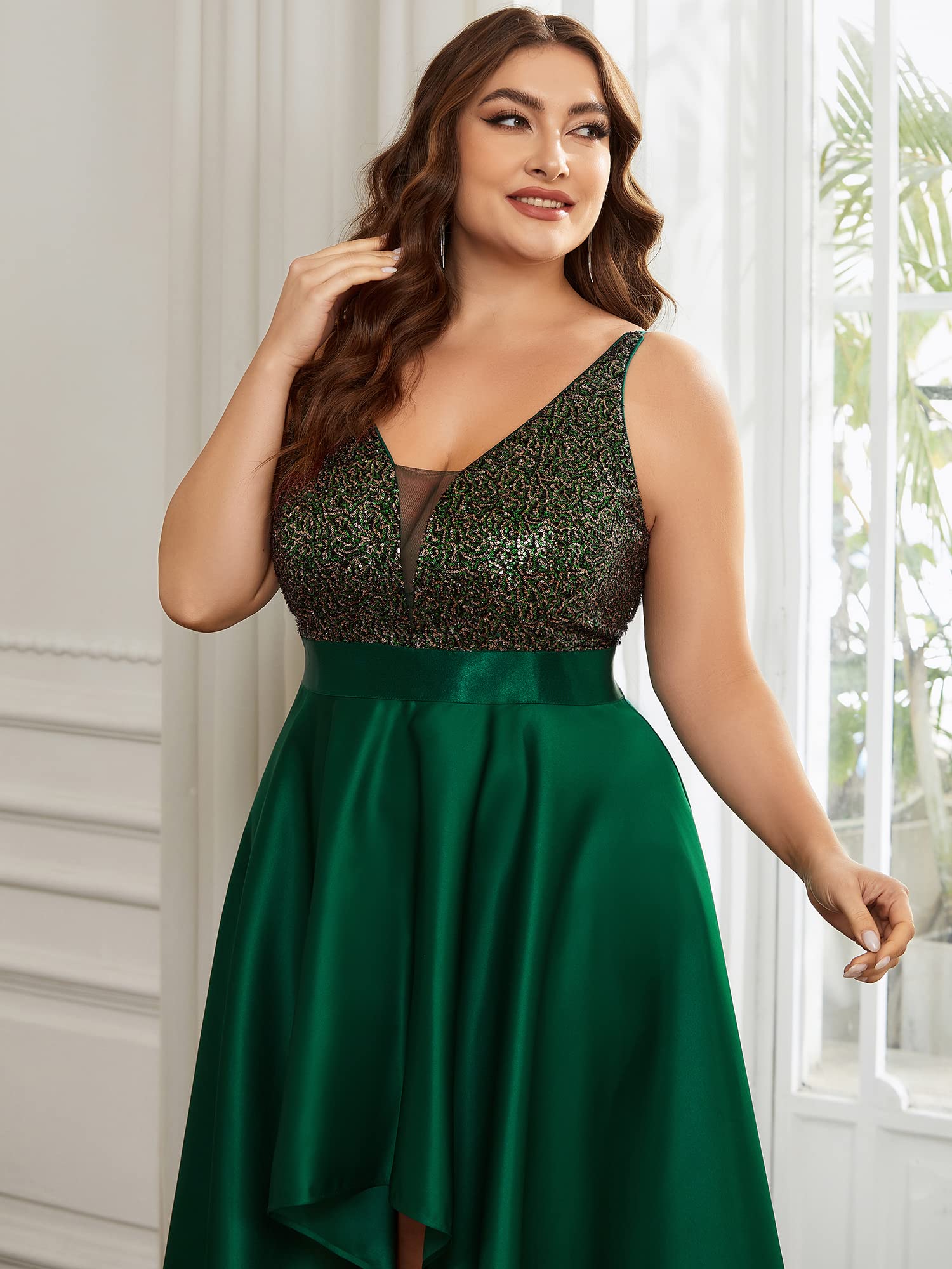 Ever-Pretty Women's Plus Size Sequin V-Neck High-Low A-line Evening Dress for Prom, Homecoming, Cocktail Party & Special Occasions - Style 0667-PZUSA