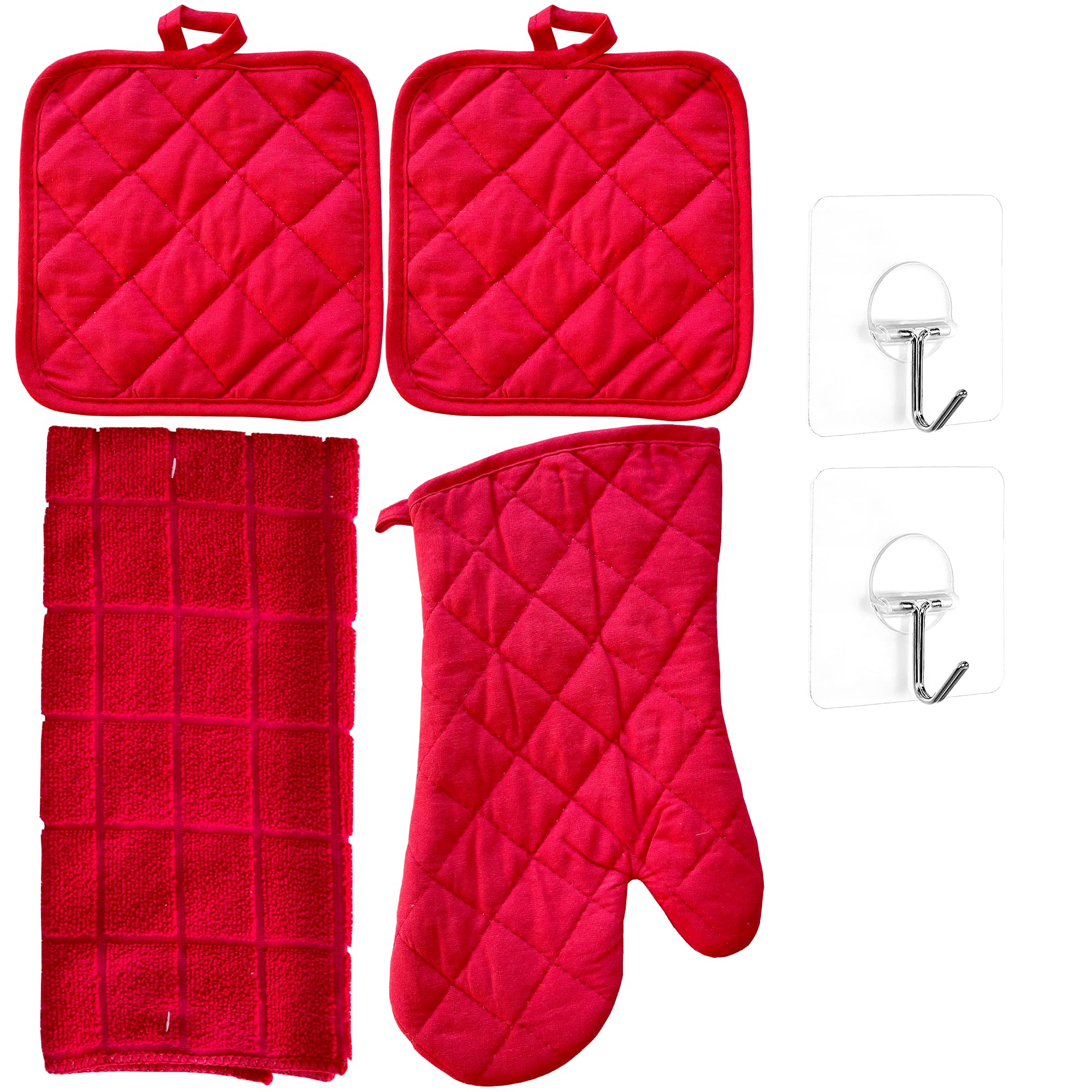 Premium Kitchen Linen Set - Heat Resistant Oven Mitt, Super Absorbent Cotton Towel & 2 Non-Slip Pot Holders | Lightweight & Stylish for Cooking, Baking, BBQ | Perfect Housewarming Gift with Heavy Duty Self-Adhesive Hook (Red) - Ideal for Home Chefs, Holiday Cooking & Kitchen Decor
