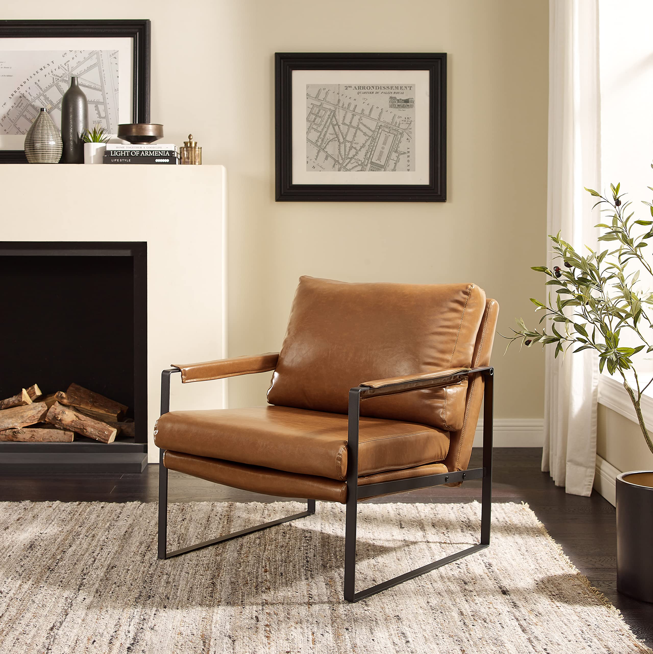 Art Leon Mid Century Modern Accent Chair - Faux Leather Lounge Armchair with Black Metal Legs, Compact Single Seater for Living Room, Bedroom & Small Spaces (Brown) - Perfect for Reading Nooks, Home Offices & Cozy Corners