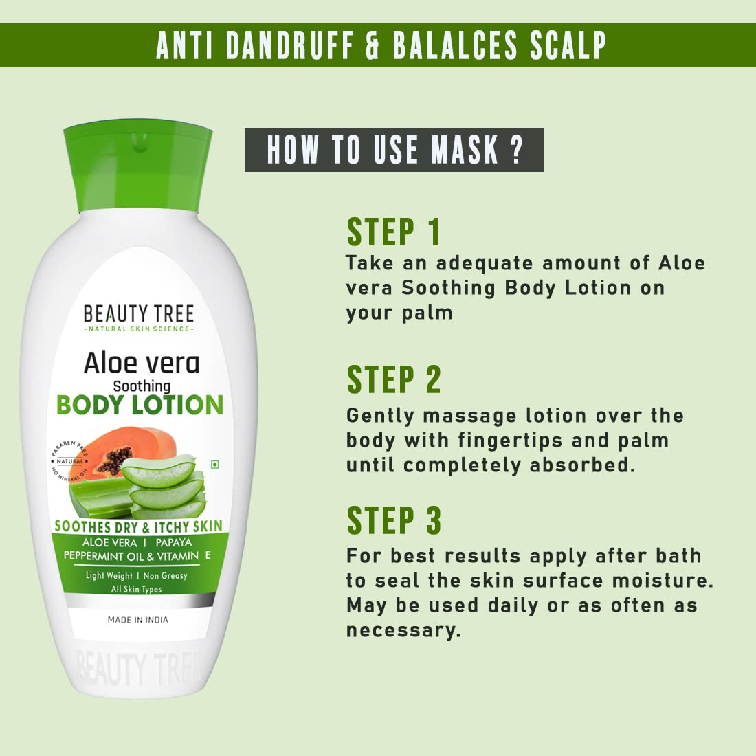 BEAUTY TREE Aloe Vera Soothing Body Lotion with Papaya, Peppermint Oil & Vitamin E - Lightweight Moisturizer for All Skin Types - 400ml - Perfect for Dry Skin Relief & Daily Hydration After Shower