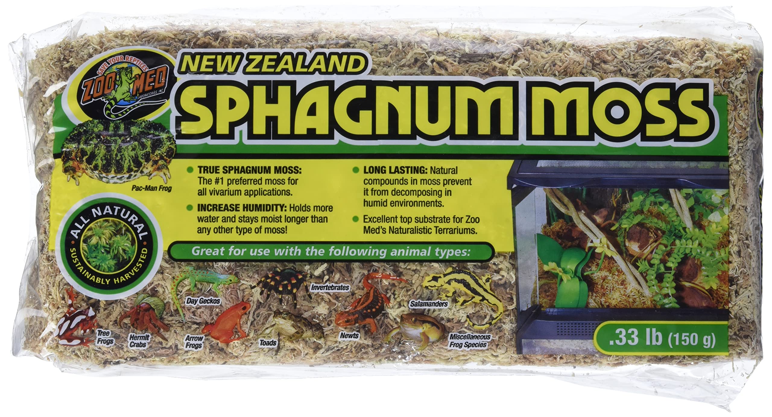 Premium Zoo Med New Zealand Sphagnum Moss - Natural Moisture Retention for Reptiles & Amphibians (0.33 lb, Black) - Ideal for Terrariums, Vivariums & Pet Habitat Setup