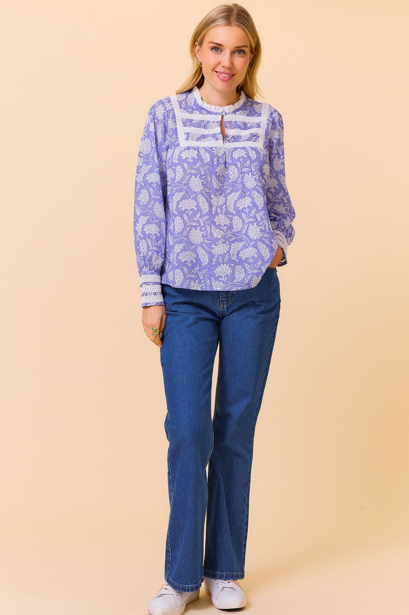 Margot Organic Cotton Block Print Blouse - Iris Blue & White Floral Top | Boho Chic Women's Shirt for Casual Wear & Summer Outfits