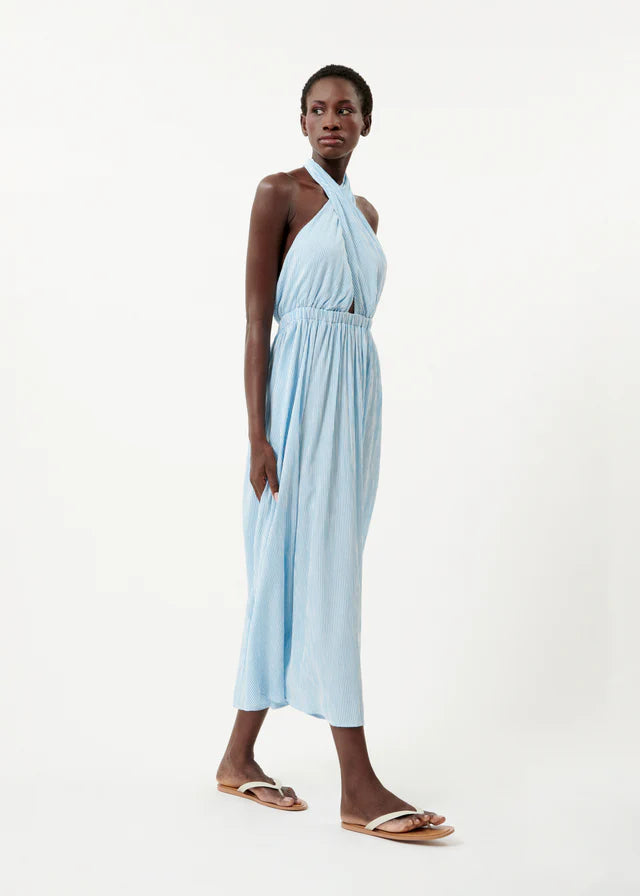 Naely Halter Neck Midi Dress - Azure Blue Summer Dress for Women, Beach Wedding Guest Dress, Vacation Outfit for Tropical Getaways