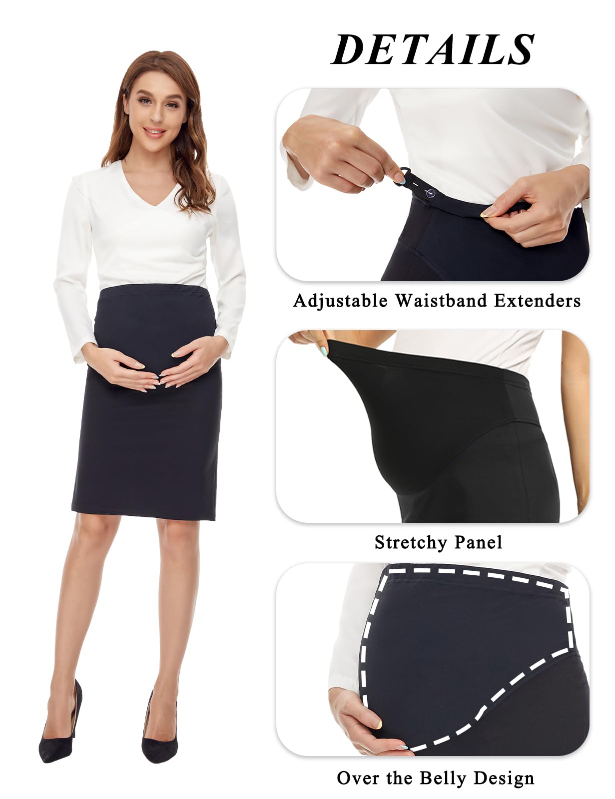 Tapata Women's Maternity Pencil Skirt - Over The Belly Stretchy Midi Skirt with Adjustable Waistband Extenders for Pregnancy Comfort | Perfect for Work, Office Wear & Maternity Photoshoots