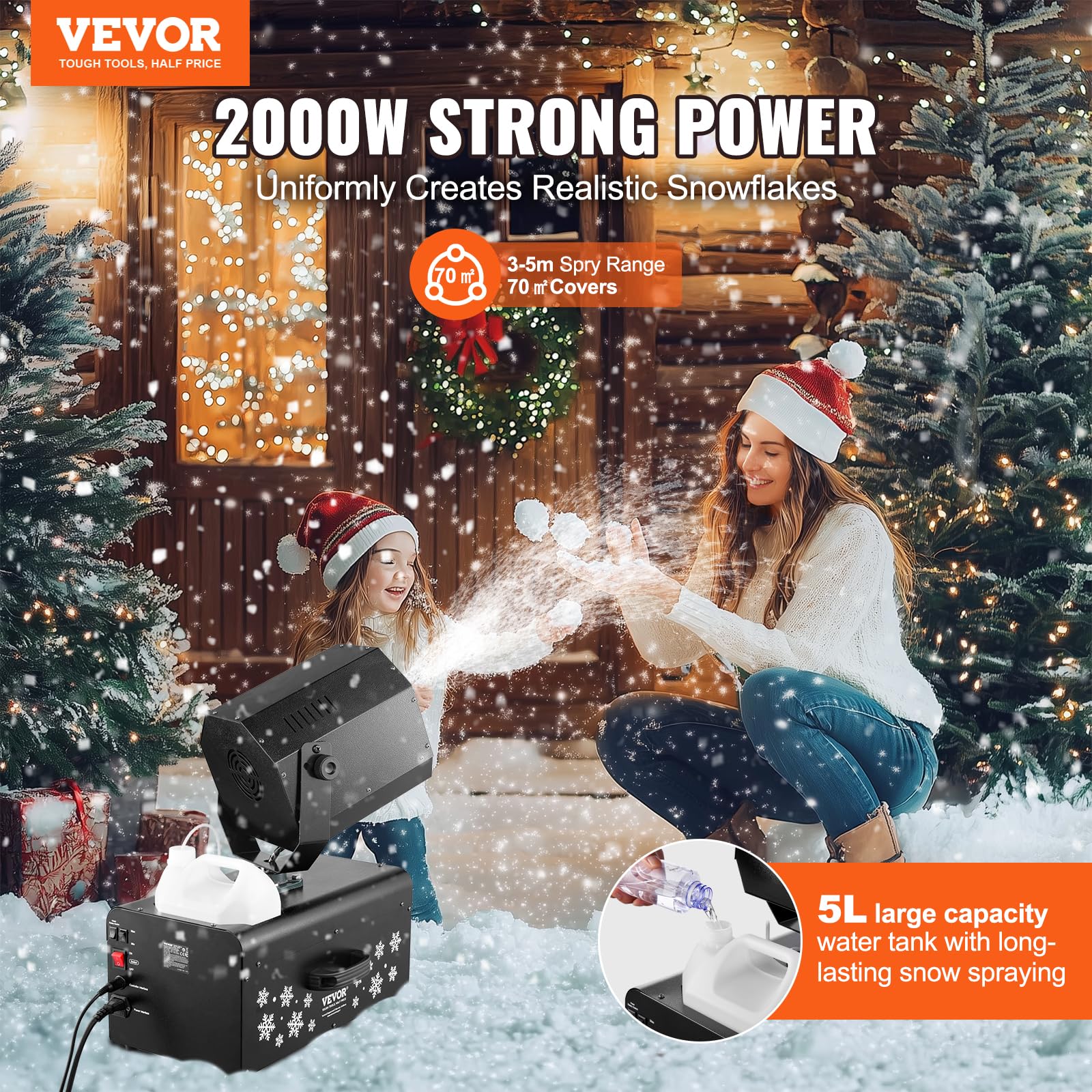 VEVOR 2000W High Output Snow Machine with 70㎡ Wide Coverage & Dual Remote Control - 90° Adjustable Shaking Head for Christmas Parties, Weddings, Stage Effects, and Winter Events
