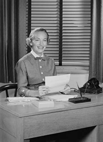 Vintage Secretary Sitting at Desk Reading Letter - Office Decor Wall Art Poster Print (18x24 Inches) - Perfect for Home Office, Study Room & Professional Workspace Decor