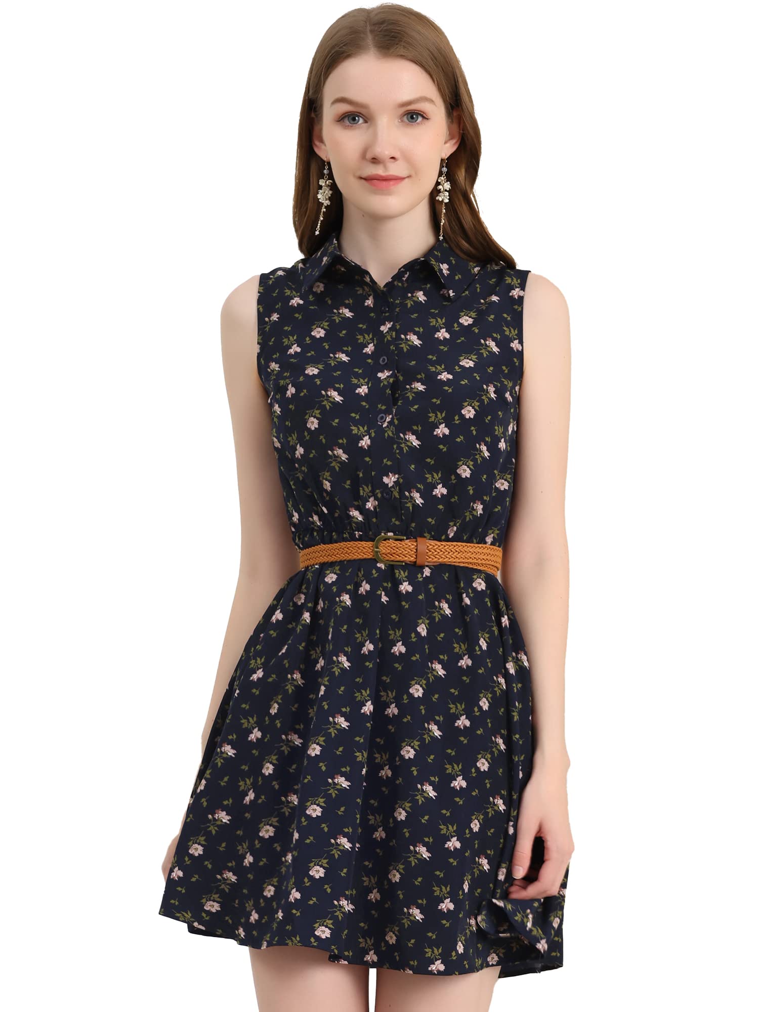 Allegra K Women's Floral Print Sleeveless Belted Midi Dress with Half Placket - Casual Summer Dress for Beach, Party & Vacation Outfits