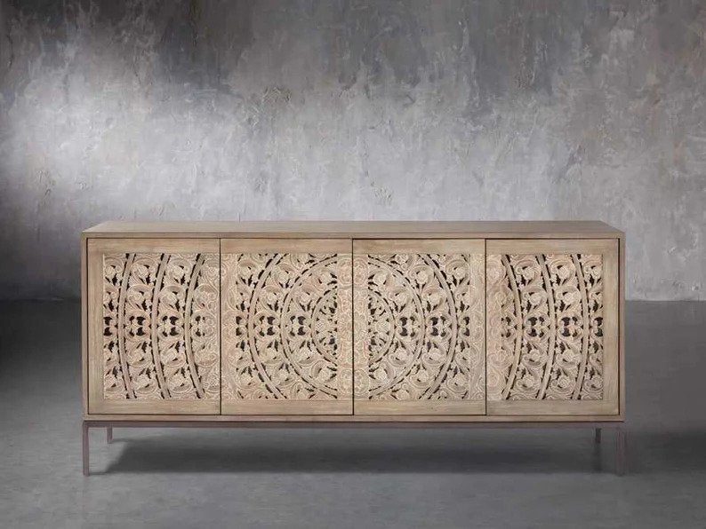 Hand Carved Mandara Media Console TV Stand - Natural Wood Entertainment Center for Living Room, Bedroom & Home Theater