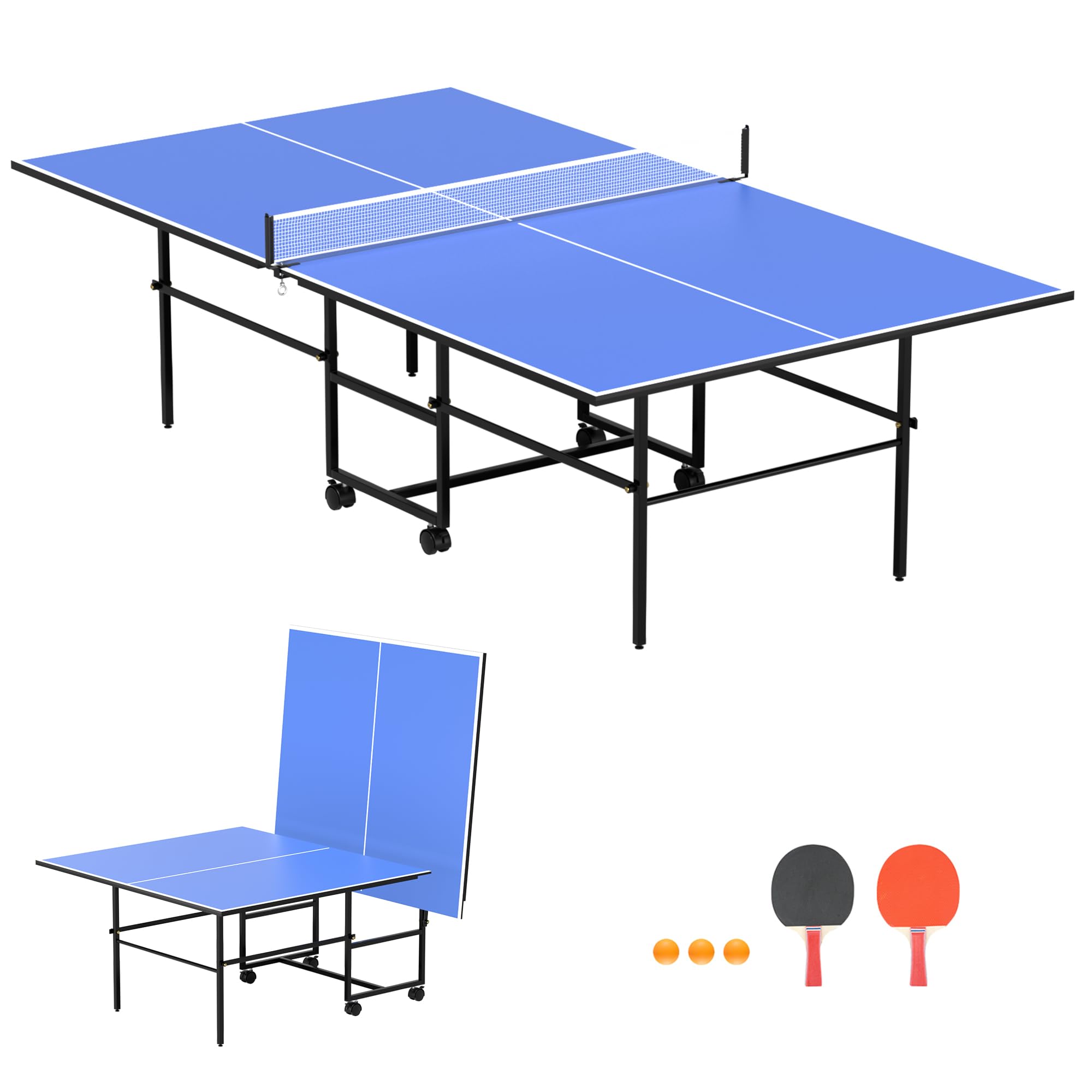 9FT Professional Foldable Ping Pong Table for Indoor & Outdoor Use with Net, 2 Paddles & 3 Balls - Competition & Family Fun for Game Rooms, Basements, Backyards & Offices