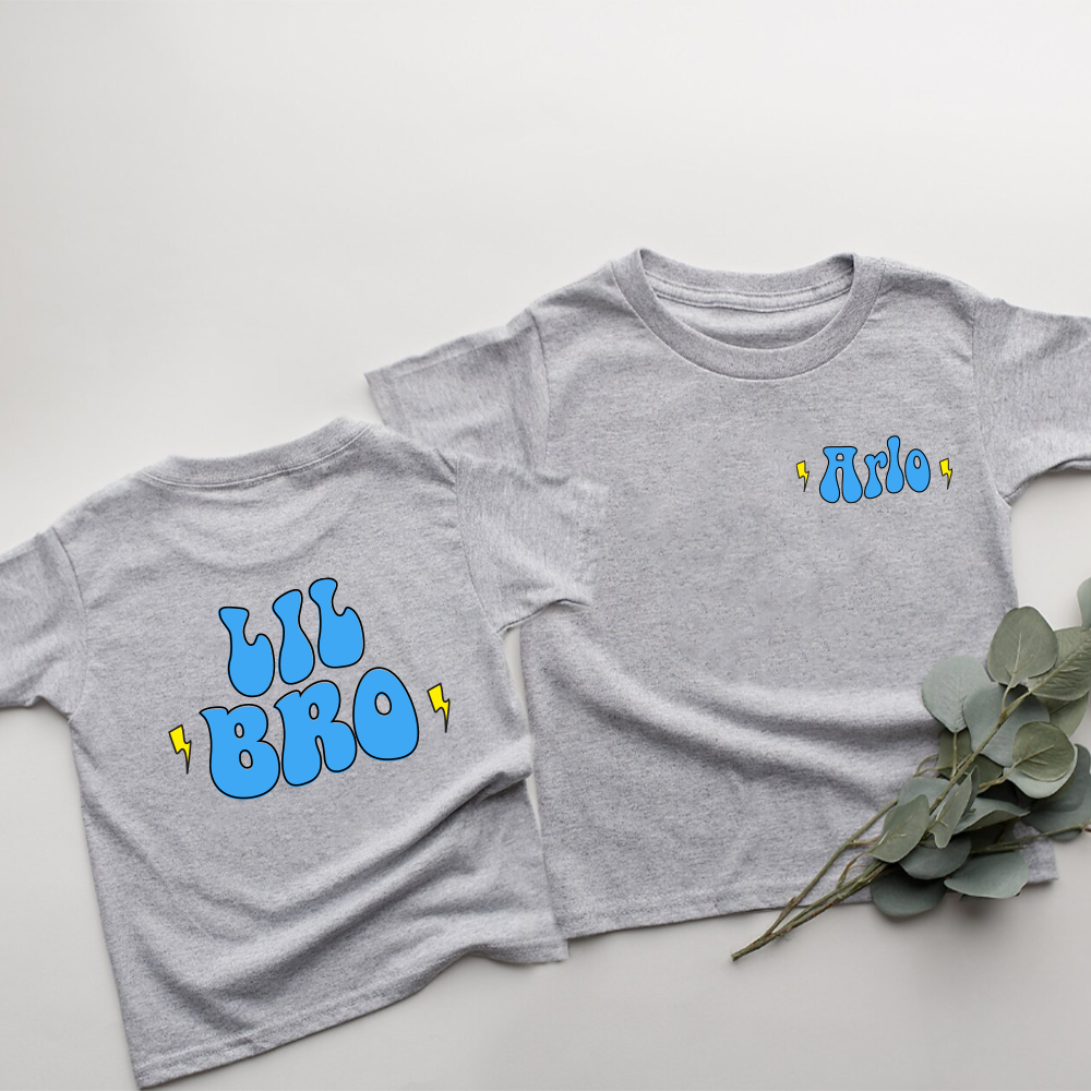 Personalized Big & Lil Bro Sis Heather Grey Kids T-Shirts - Matching Sibling Outfits for Family Photos & Special Occasions