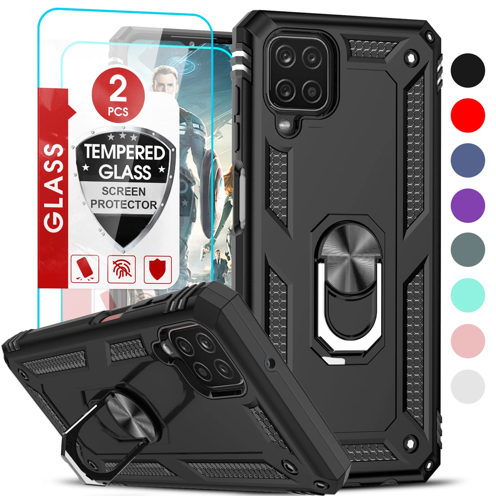 Samsung Galaxy A12 Case with [2 Pack] Tempered Glass Screen Protector - Military-Grade Shockproof Phone Cover with Ring Kickstand for Samsung A12 5G (Black) - Perfect for Outdoor Activities, Work & Daily Protection