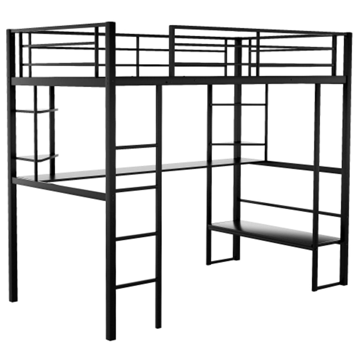 Black Full Metal Loft Bed Frame with Built-in Desk & Shelves - Sturdy Guardrail & Space-Saving Design for Small Rooms - Perfect for Kids, Teens & College Dorm Rooms