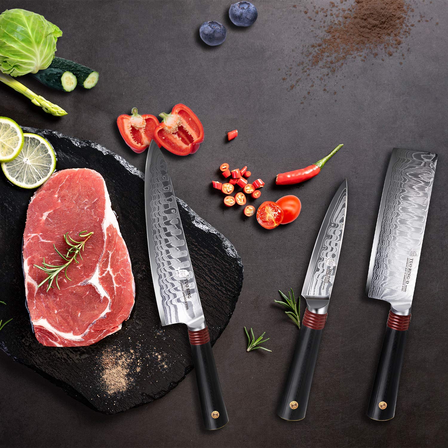 Premium TUO Damascus Kitchen Knife Set - 3-Piece Japanese AUS-10 High Carbon Stainless Steel (8