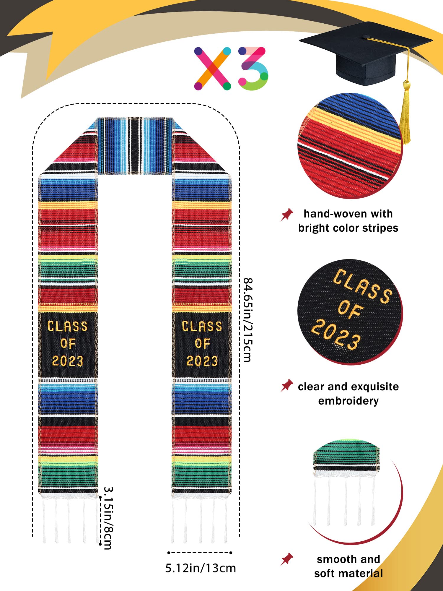 3 Pcs Class of 2023 Graduation Stoles - Mexican Themed Embroidered Serape Sash with White Tassels | High School & College Graduation Accessories for Ceremonies, Parties & Photo Shoots