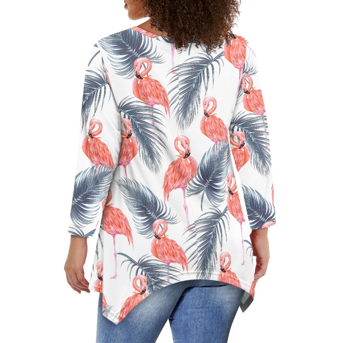 ENLACHIC Women's Hawaiian Flamingo Print Tunic Top - Long Sleeve Asymmetrical Flowy Tropical Blouse for Plus Size - Perfect for Beach Vacations, Summer Parties & Casual Outings