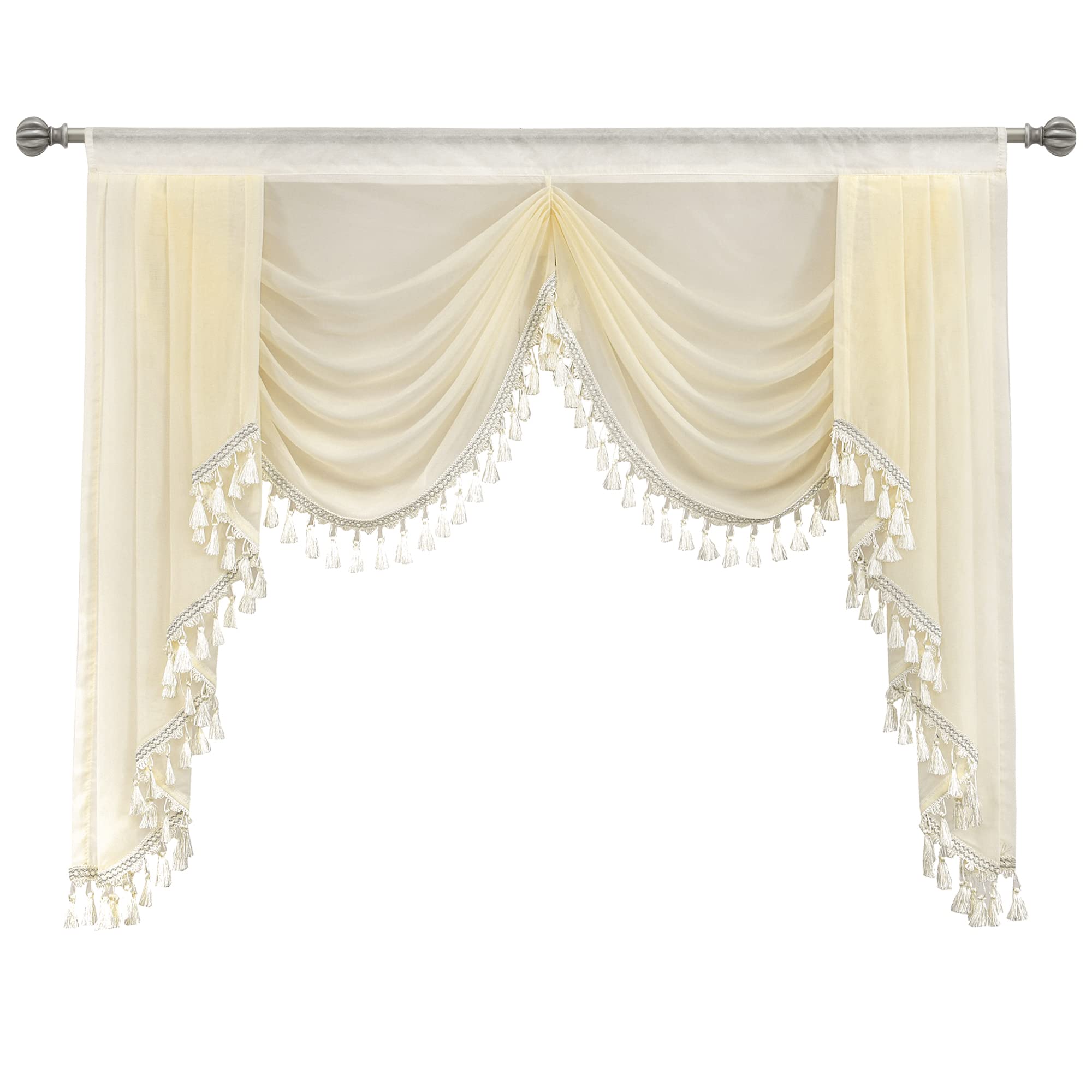Sheer Waterfall Window Valance Curtains - Elegant Tassel Swag Topper for Kitchen & Living Room, Rod Pocket Design, 59 Inches Wide, Off-White - Perfect for Bay Windows, French Doors & Home Decor