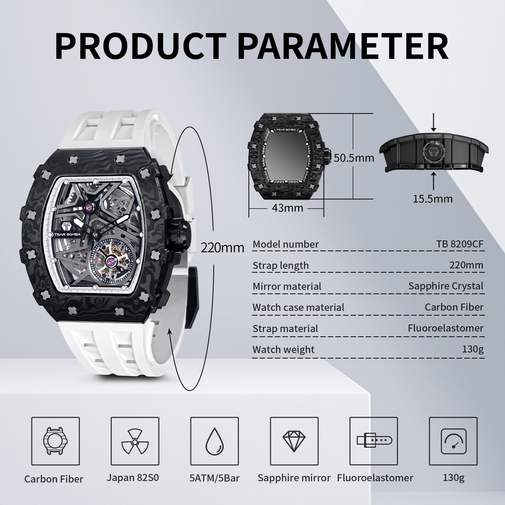 TSAR BOMBA Men's Luxury Automatic Skeleton Watch - Silver Square Big Face with Silicone Strap, 50M Waterproof Analog Wristwatch for Business, Casual & Formal Wear | Perfect Gift for Men