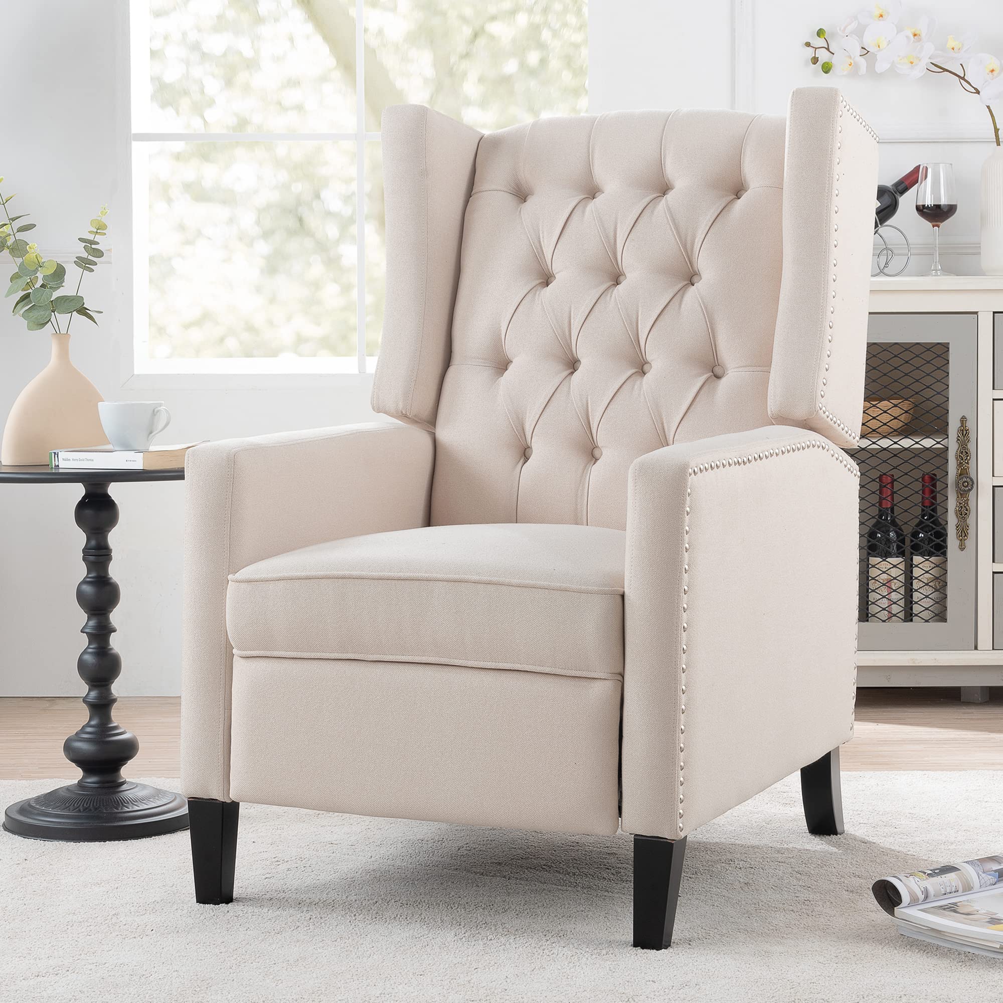 Mid-Century Modern Wingback Accent Chair with Recliner, Button Tufted Upholstery & Nailhead Trim - Padded Lounge Armchair for Living Room, Bedroom, or Office - Comfortable Single Sofa in Beige - Perfect for Relaxing, Reading, or Adding Elegant Style to Your Home Decor