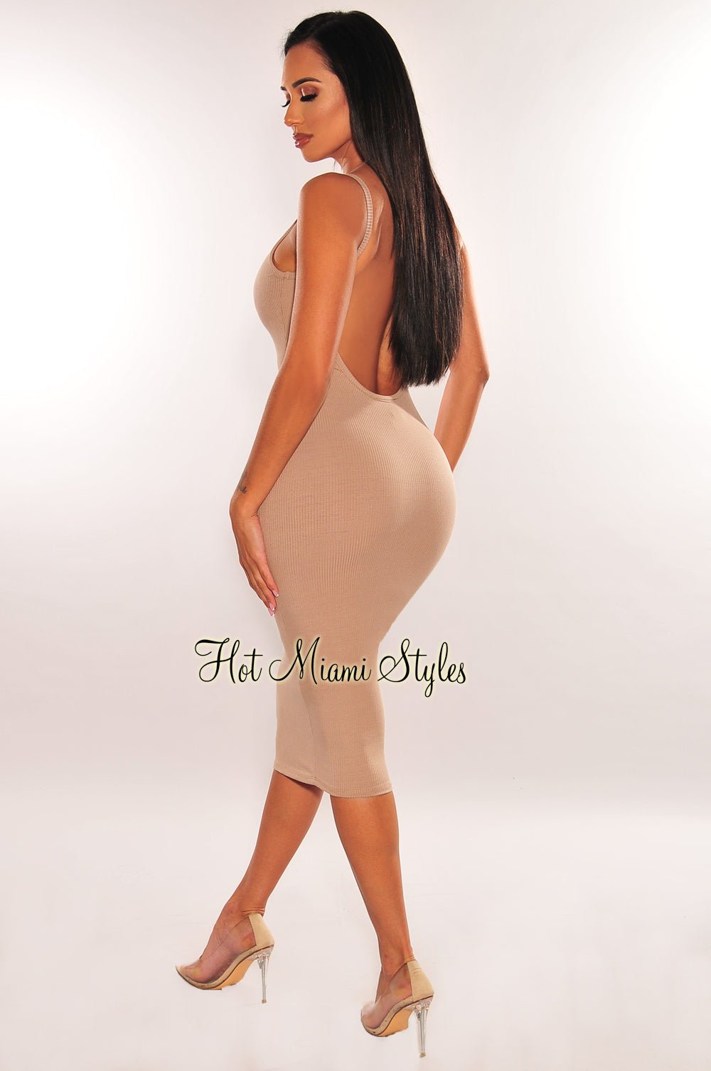Taupe Ribbed Knit Spaghetti Strap Scoop Back Midi Dress for Women - Casual Summer Dress for Beach, Party & Date Night