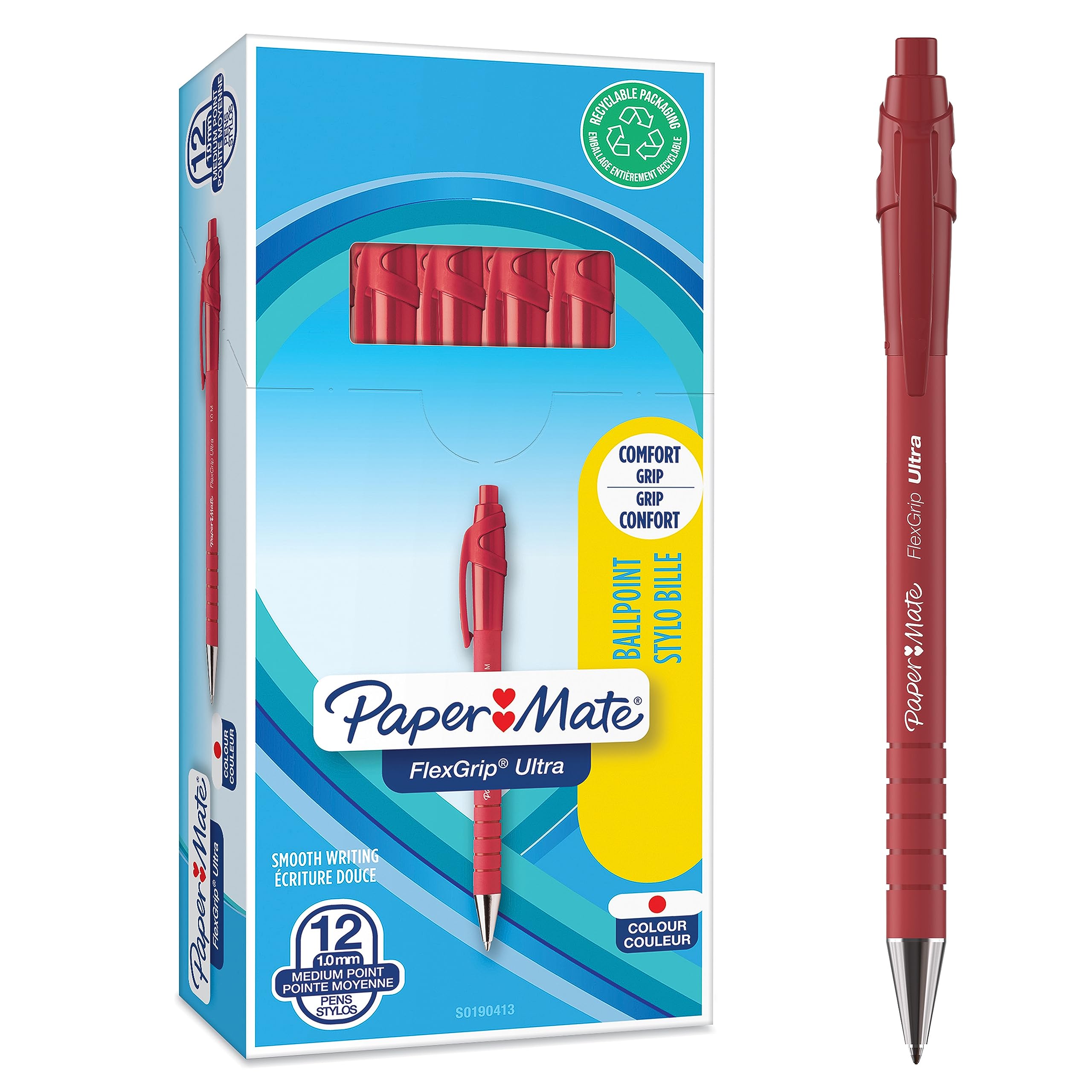 Paper Mate Flexgrip Ultra Retractable Ballpoint Pens - Medium Point 1.0mm, Pack of 12 Red Pens for Smooth Writing | Ideal for Office, School & Note Taking