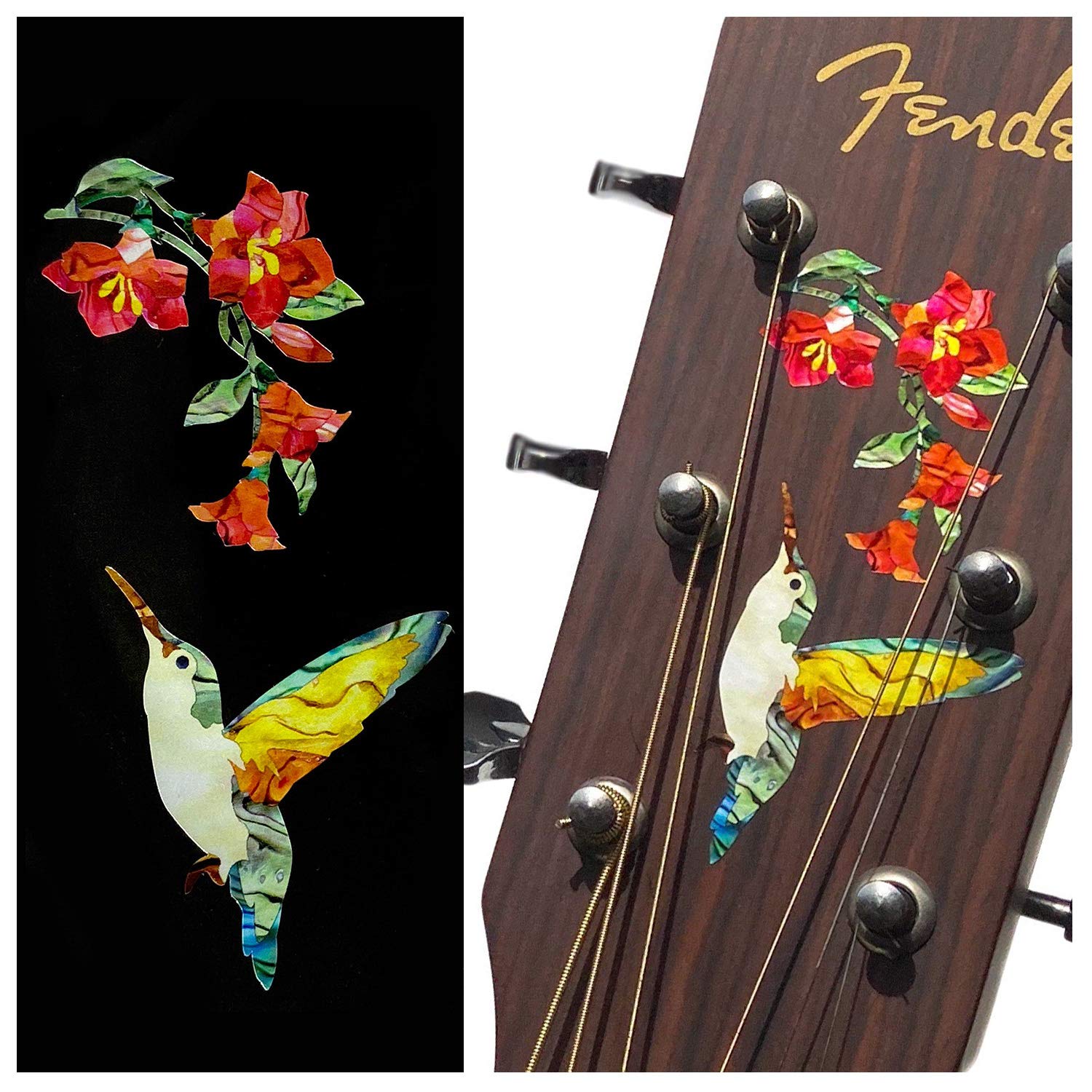 Hummingbird Guitar Stickers for Bass & Ukulele - Floral Inlay Decals for Musicians