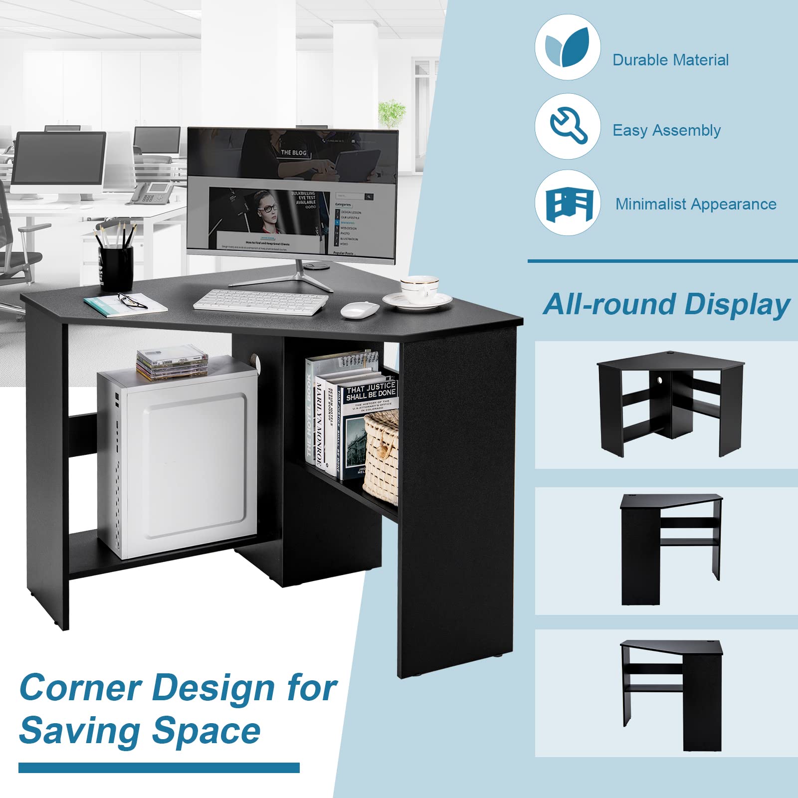JV10265DK Corner Desk for Home Office, Black - Space-Saving L-Shaped Computer Desk for Small Spaces, Gaming & Workstation Setup