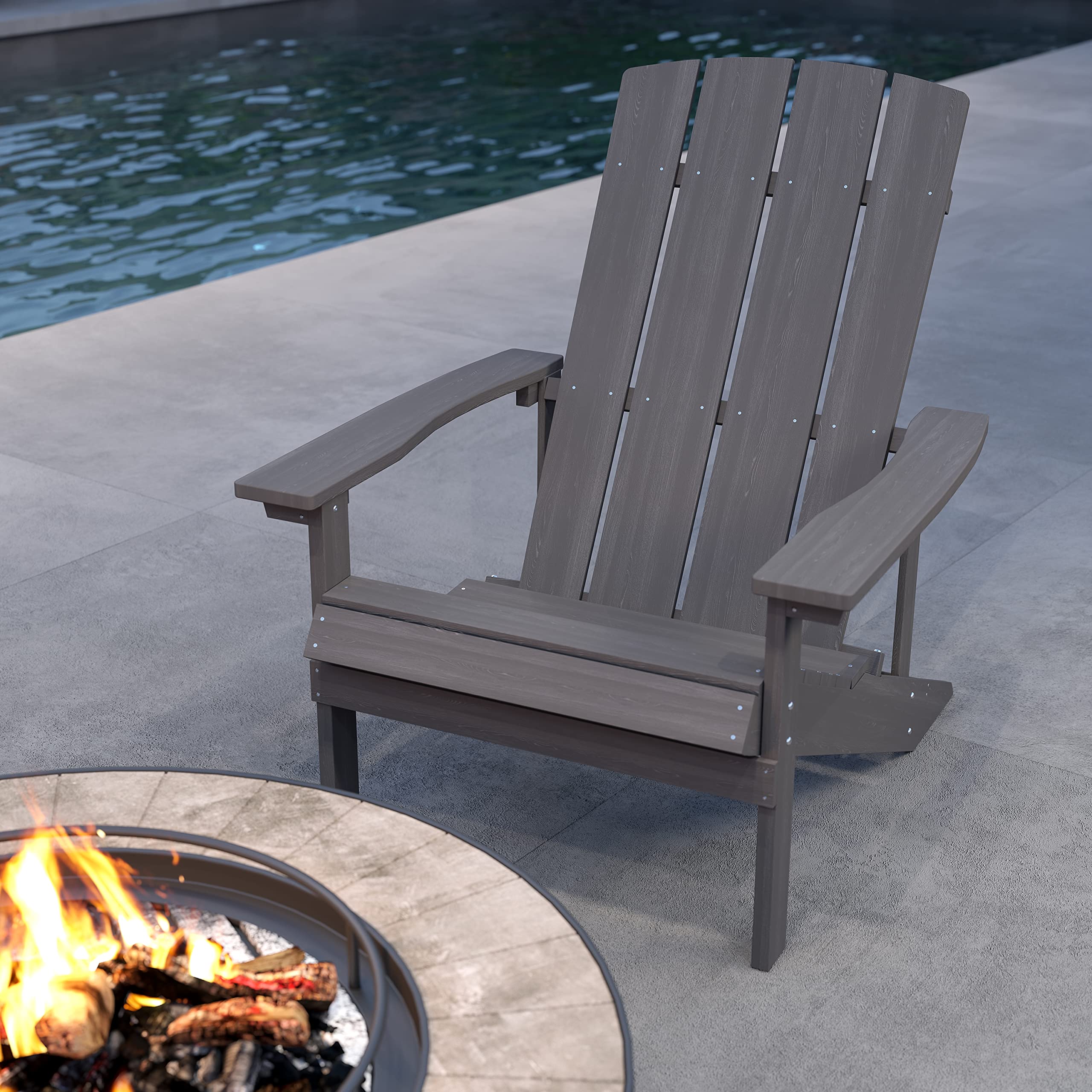 Merrick Lane Set of 2 Gray Weather-Resistant Riviera Adirondack Patio Chairs with Vertical Back & Wide Arms - Outdoor Furniture for Deck, Garden, Poolside Relaxation