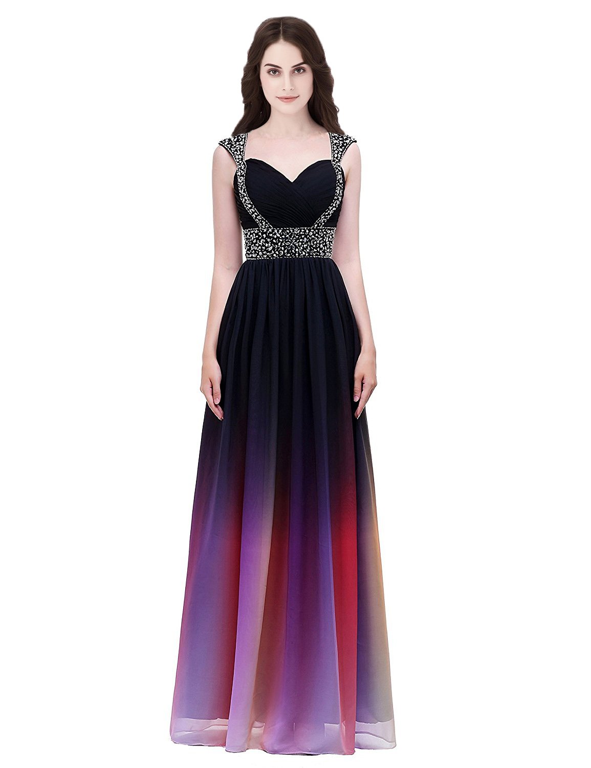 Sarahbridal Women's Elegant Beaded Sequin Chiffon Long Prom Dress with Cap Sleeves - Perfect for Bridesmaids, Evening Gowns, and Formal Occasions
