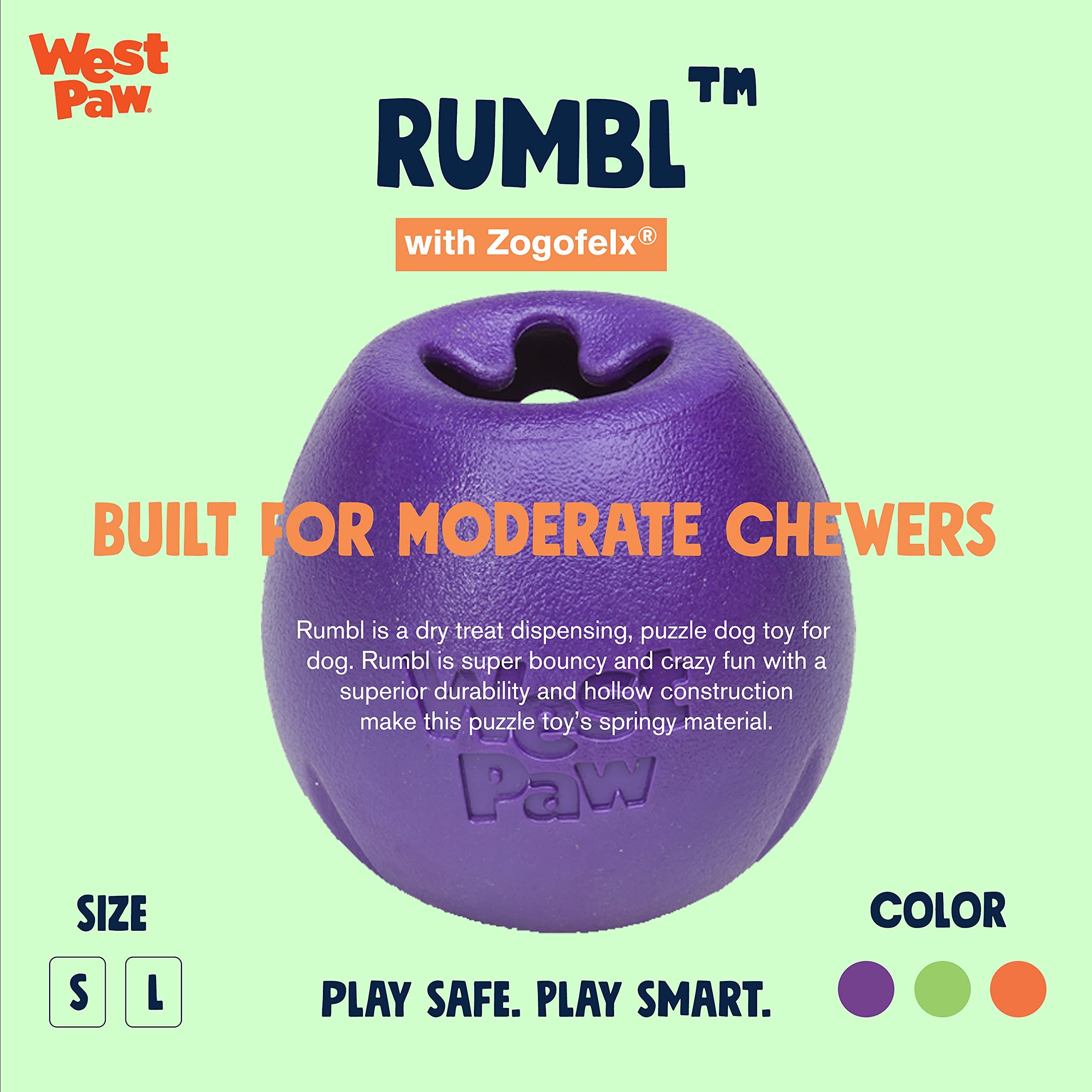 West Paw Zogoflex Rumbl Treat-Dispensing Dog Toy – Interactive Slow-Feeder Chew Toy for Moderate Chewers – Durable Fetch & Catch Enrichment Toy for Dogs – Holds Kibble & Treats (Eggplant, Small) – Perfect for Indoor Play, Training Rewards & Mental Stimulation