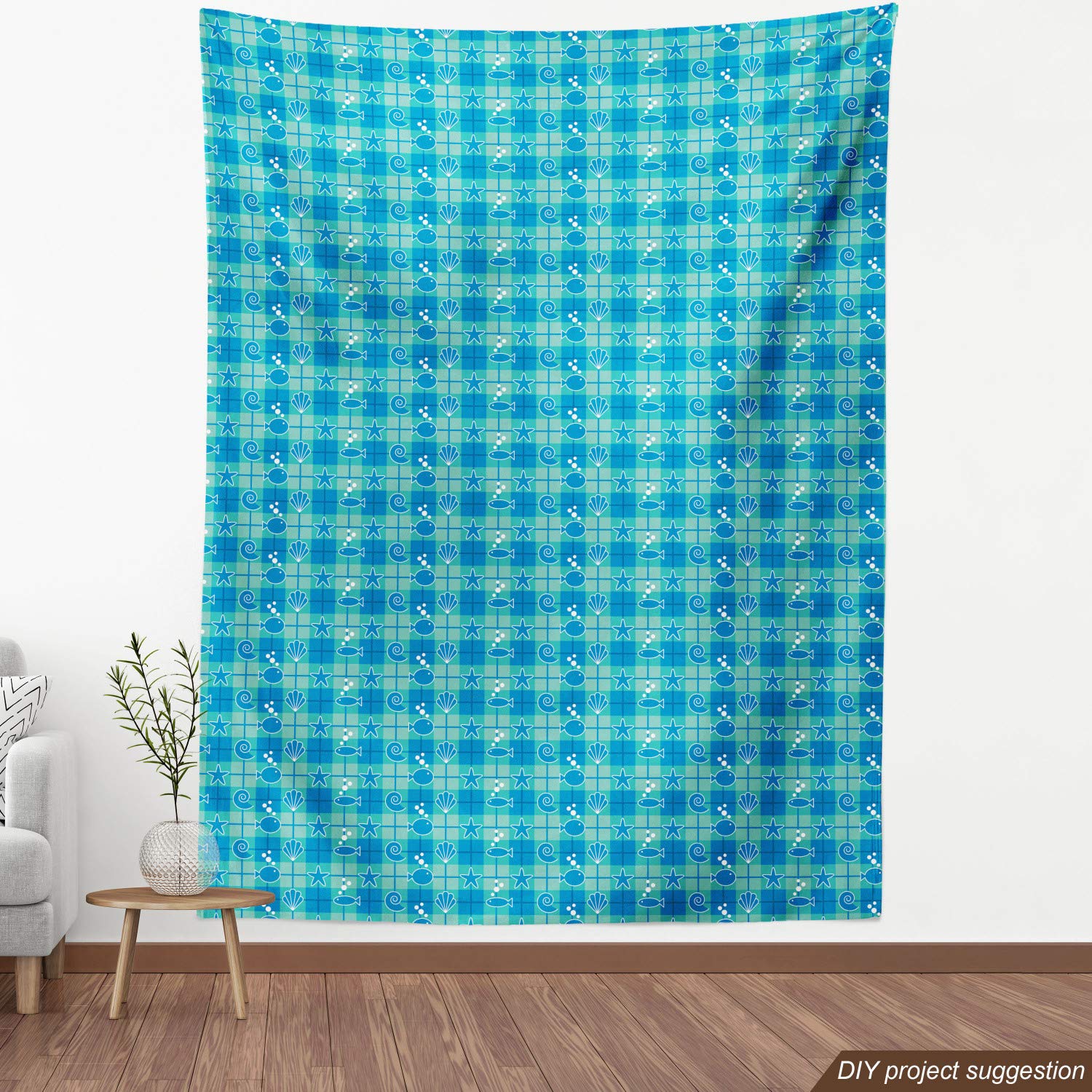 Ambesonne Sea Shells Fabric by The Yard - Plaid Pattern with Cartoon Marine Silhouettes, Fish, Starfish & Bubbles - Decorative Upholstery Fabric for Sofa, Curtains & Home Decor (5 Yards, Mint Green Blue White) - Perfect for Coastal Themed Bedrooms, Beach House Decor & DIY Craft Projects