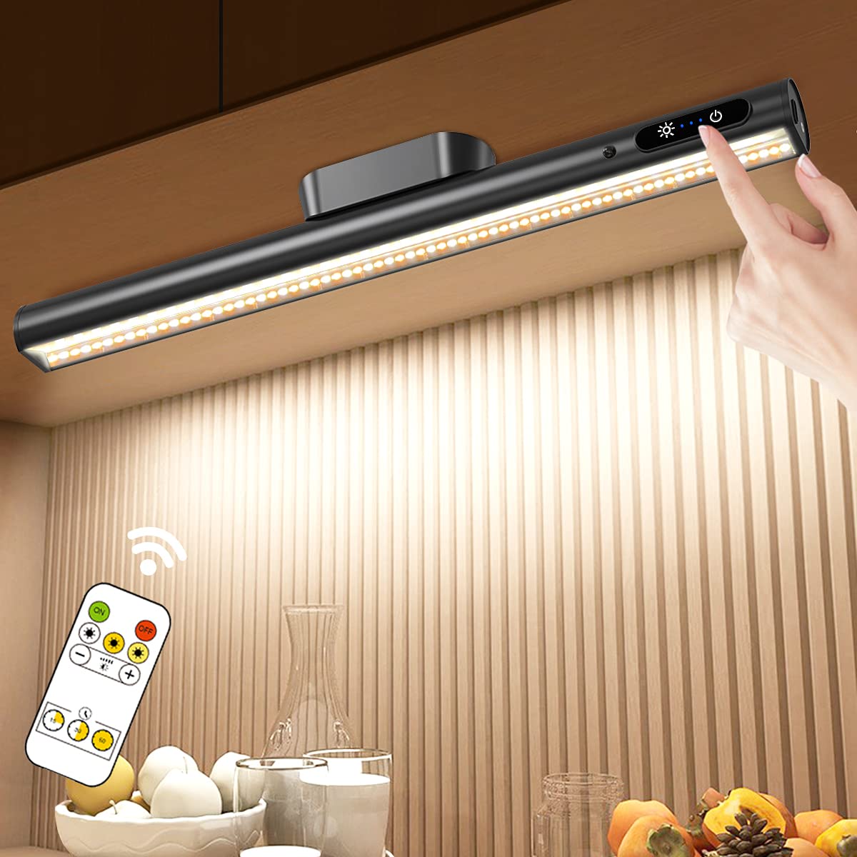 Hapfish Rechargeable Magnetic LED Light Bar with Remote - Dimmable Battery Powered Wall Strip Lights for Under Cabinet, Mirror, Closet, Picture & Kitchen Lighting | Wireless Desk Lamp for Home & Office Use - Black