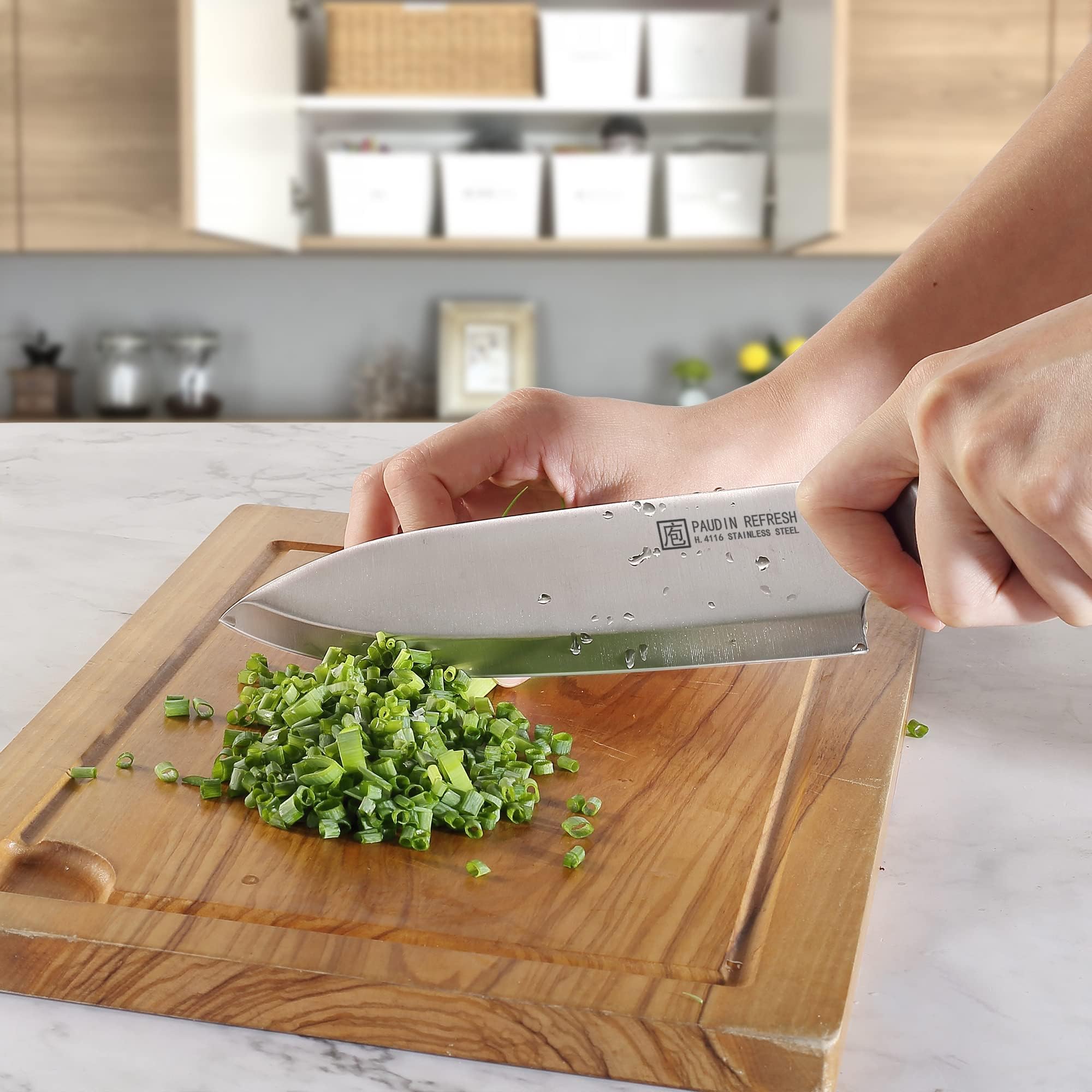 PAUDIN 8-Inch Chef Knife - High Carbon German Stainless Steel Kitchen Knife - Ultra Sharp Professional Chef's Knife with Ergonomic Hollow Handle - Perfect for Slicing, Dicing & Chopping Vegetables, Meat & Fruits (Silver)