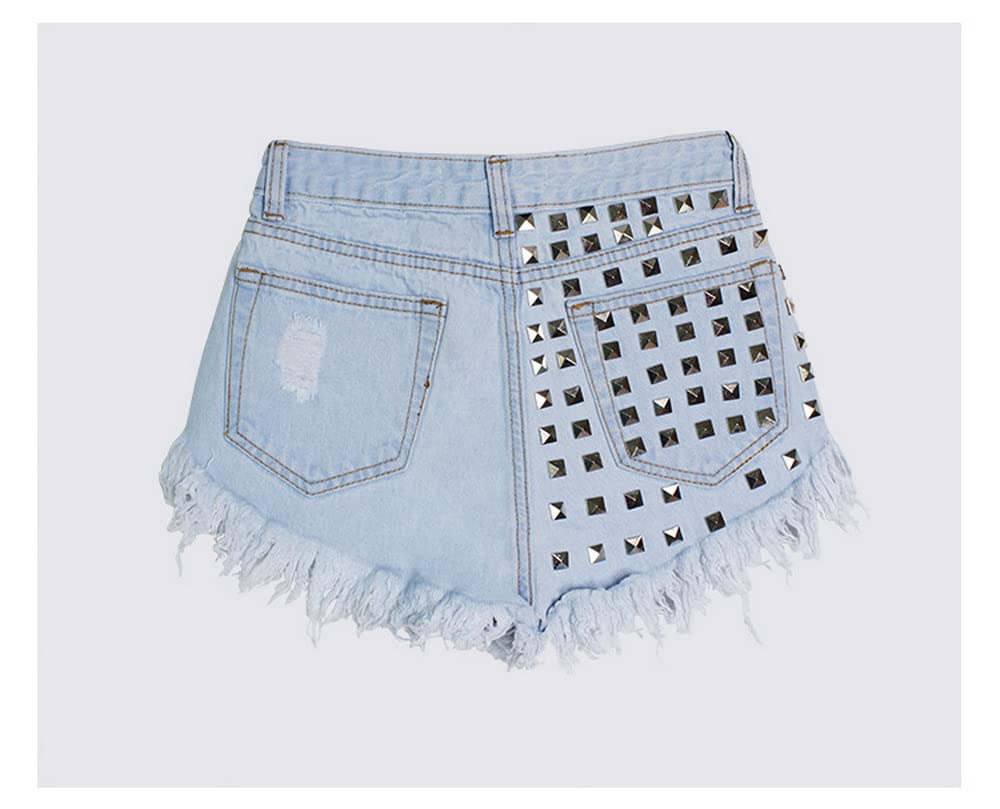 Women's Sexy Mid Waist Denim Shorts with Studded Details & Tassel Hem - Trendy Distressed Jean Shorts for Summer Outfits, Beach Vacations & Casual Street Style