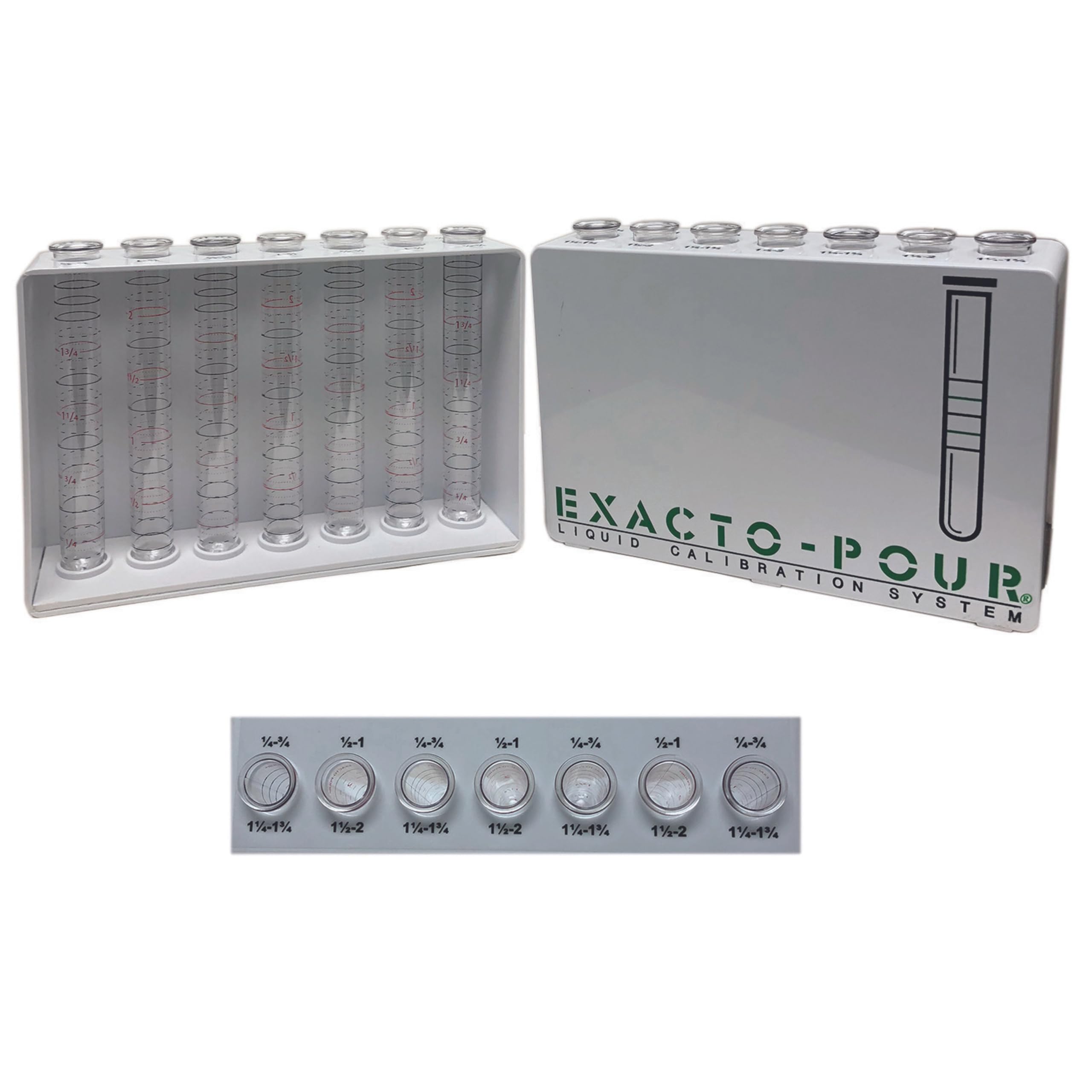Exacto Pour Bar Test Kit - Spill-Stop 13-910 Liquid Calibration System for Bartender Training | Includes 7 Precision-Marked Plastic Tubes, 7 O-Rings & Stand | Durable Made in USA | Perfect for Bar Training, Mixology Classes & Drink Consistency Testing