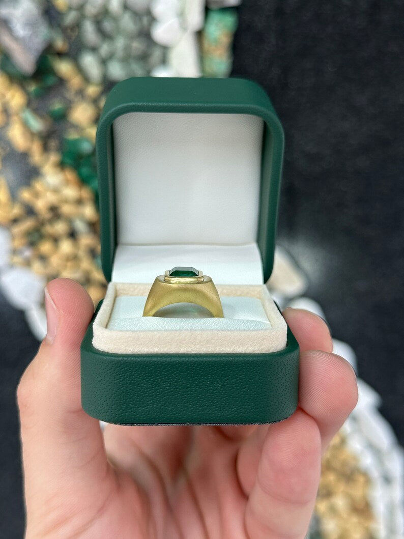 3.86ct Natural Emerald Cut Green Emerald Ring in 18K Gold - Unisex Matte Finish Gypsy Style Jewelry for Weddings, Engagements & Special Occasions