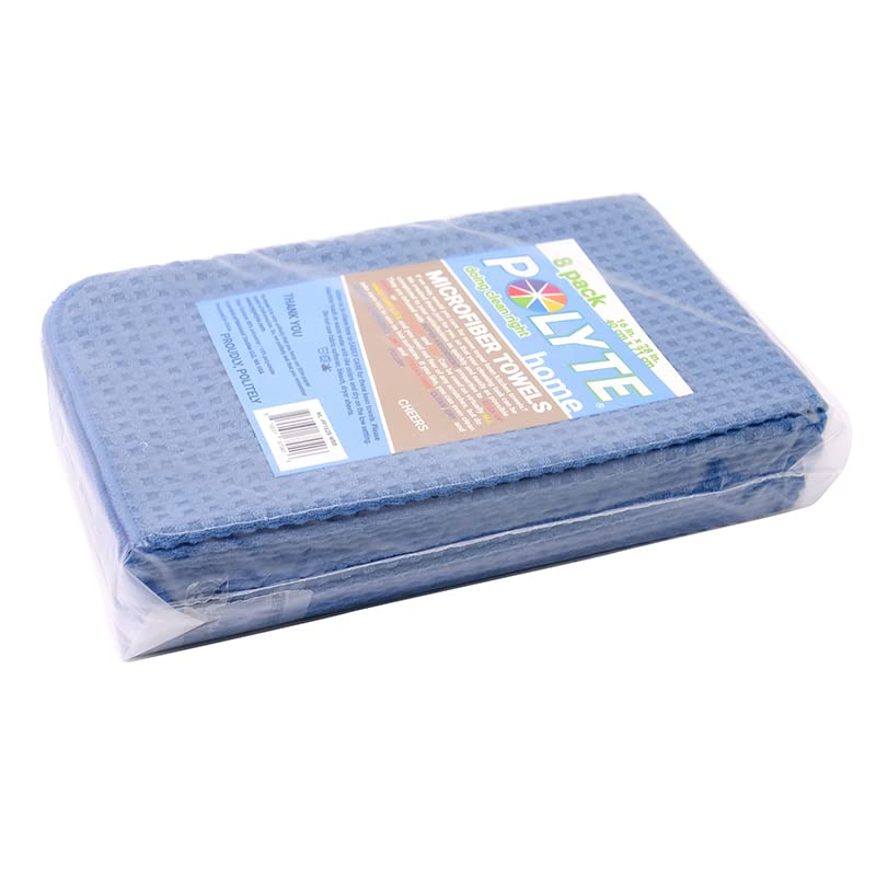 POLYTE Ultra Premium Microfiber Kitchen Dish Towels - 8 Pack Waffle Weave Hand Towels (16x28 Inches, Blue) - Super Absorbent & Quick Drying for Dishes, Countertops & Household Cleaning