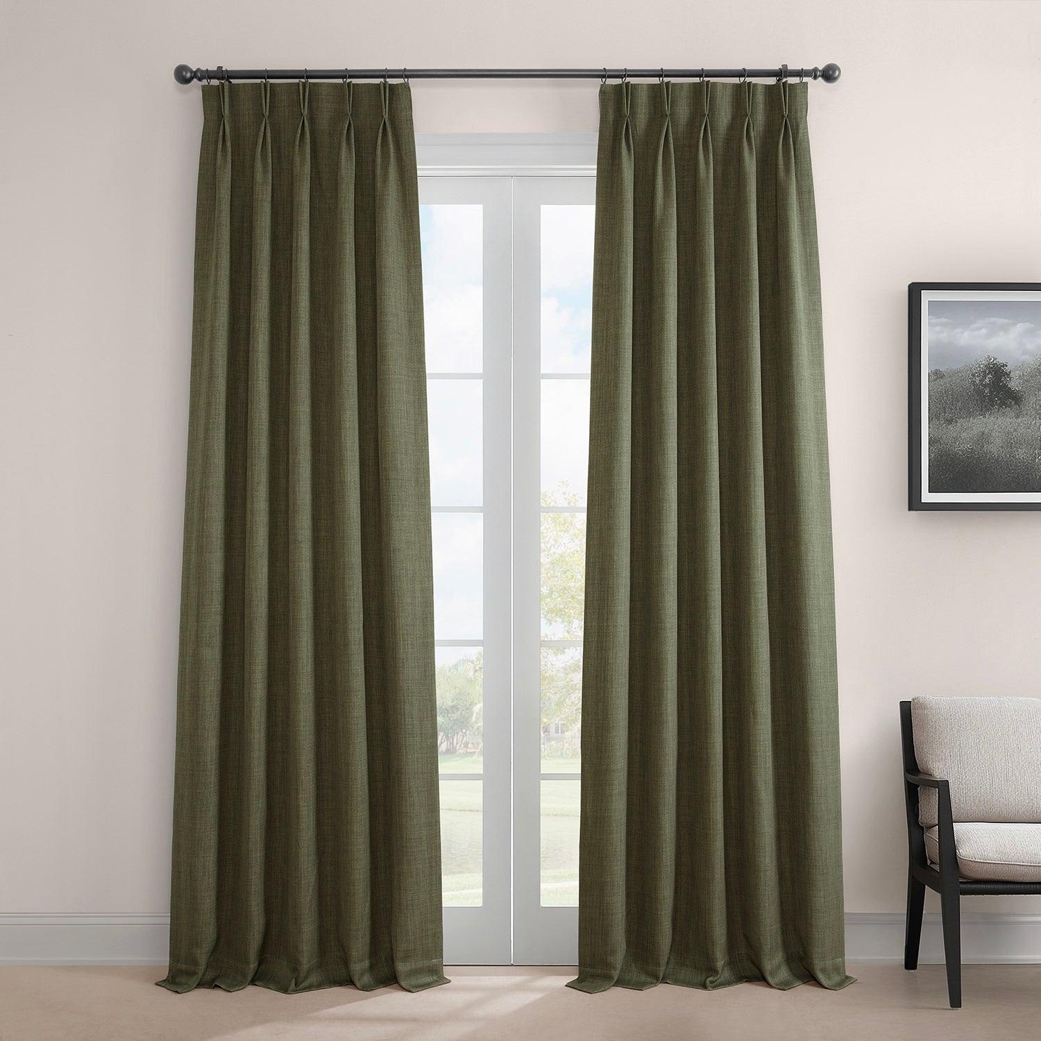Khaki Green French Pleat Textured Faux Linen Blackout Curtains for Bedroom & Living Room - Light Blocking Window Drapes for Better Sleep & Privacy