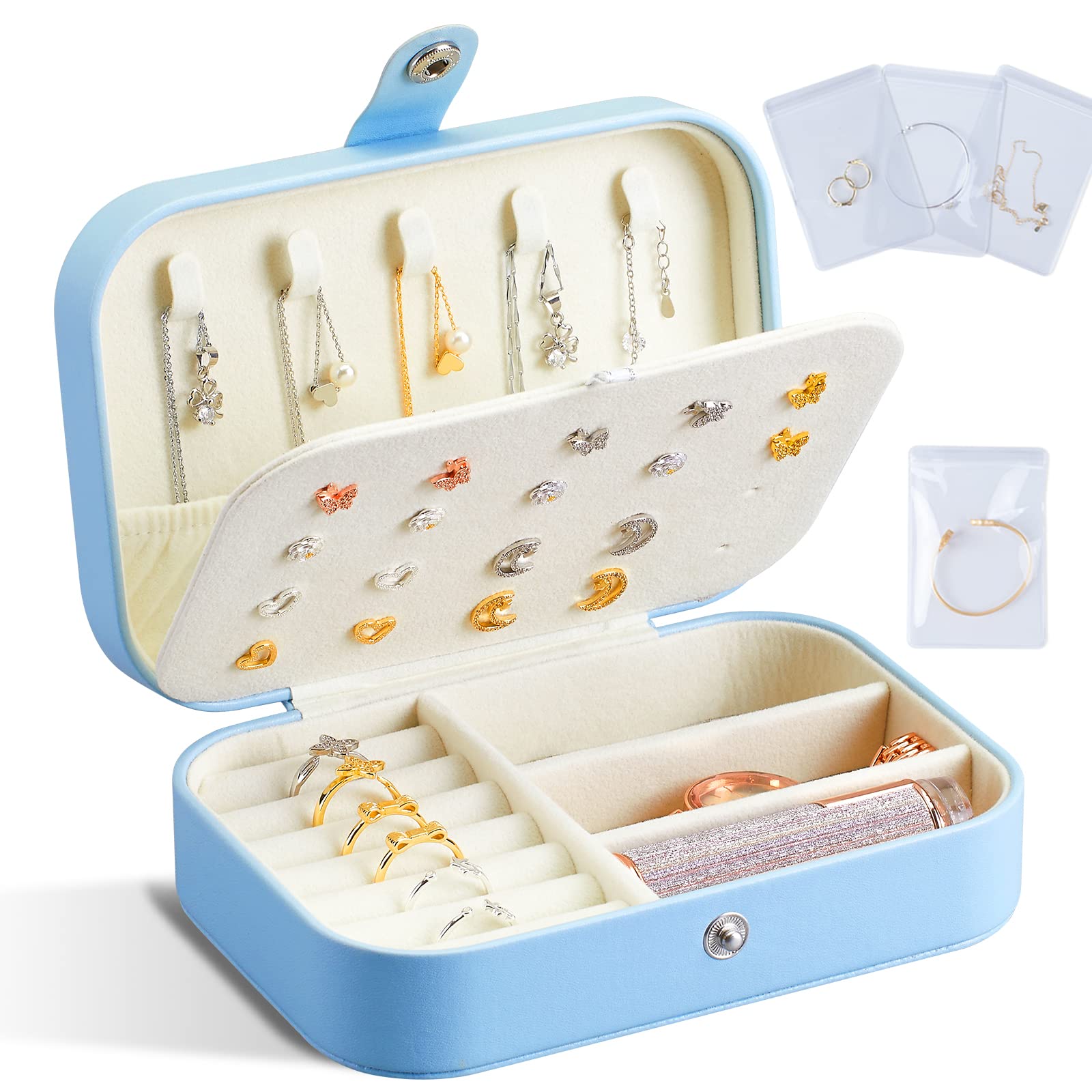 INSFIT Jewelry Box - PU Leather Travel Jewelry Organizer for Women, Double Layer Small Jewelry Storage Case with Mini Clear Bags for Earrings, Rings, Necklaces & Bracelets (Blue) | Perfect for Travel, Home Storage & Gift Giving