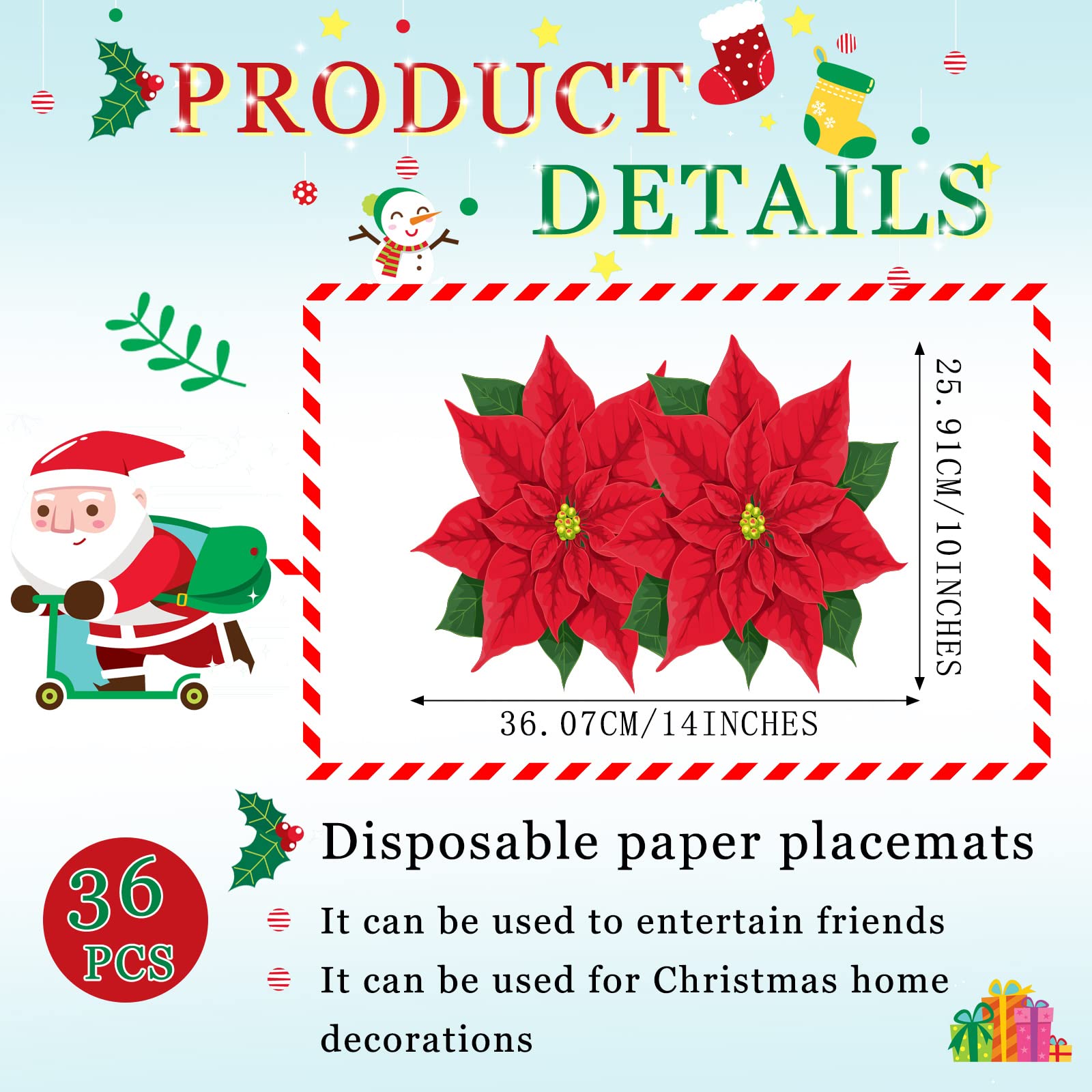 36-Piece Christmas Paper Placemats Set - Holiday Poinsettia & Snowman Designs for Festive Table Decor | Perfect for Christmas Dinner, Party, and Home Decoration