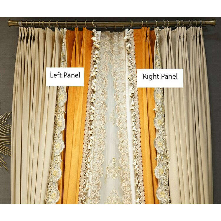 Brittany Luxury Royal Lace Designer Velvet Curtains - Beige & Orange Elegant Window Drapes for Living Room, Bedroom & Wedding Decor
