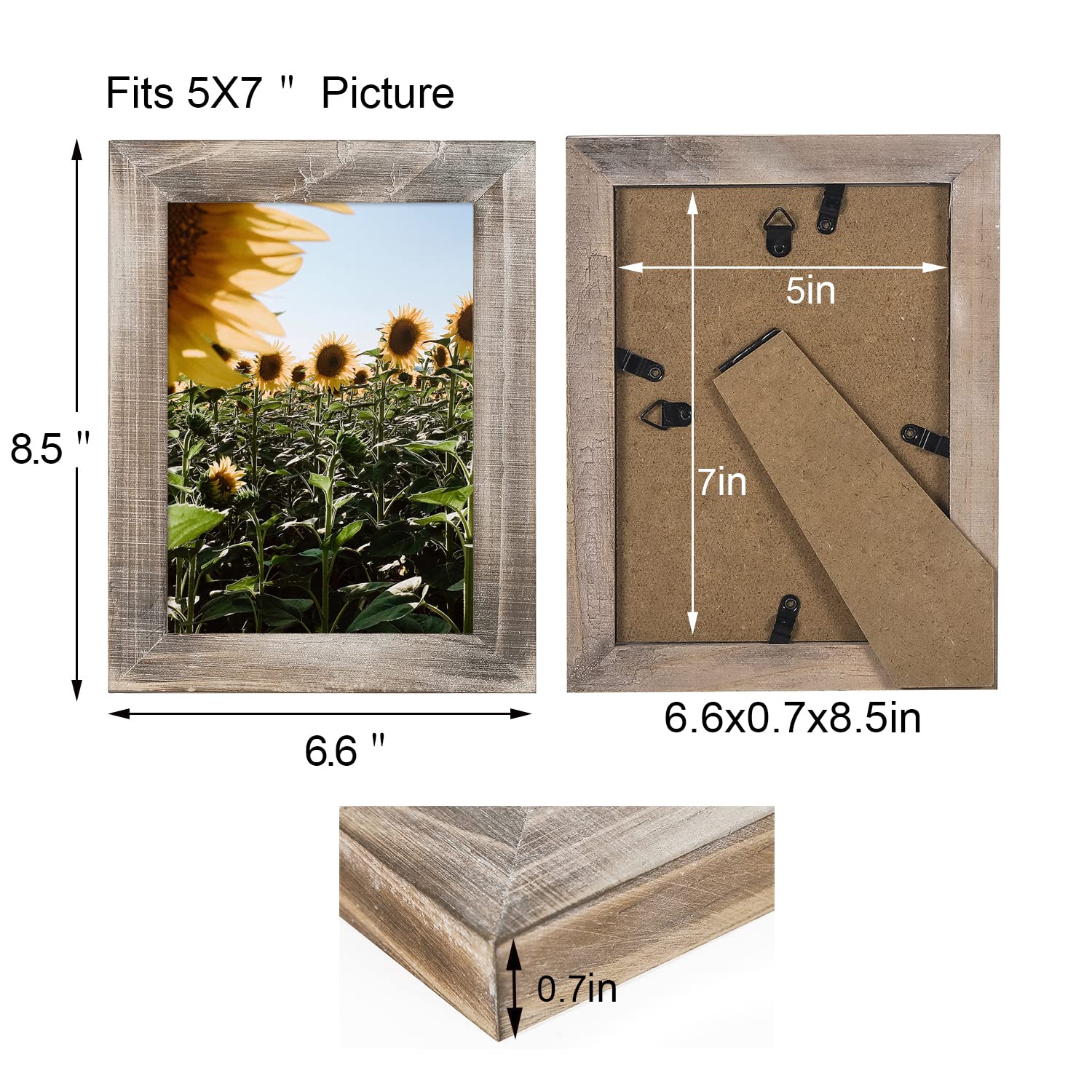 Adeco 6-Pack 5x7 Inch Handcrafted Distressed Wooden Picture Frames - Rustic Farmhouse Wall Decor for Photos, Wall Hanging & Tabletop Display - Set of 6 Natural Wood Frames for Home, Office & Wedding Decor