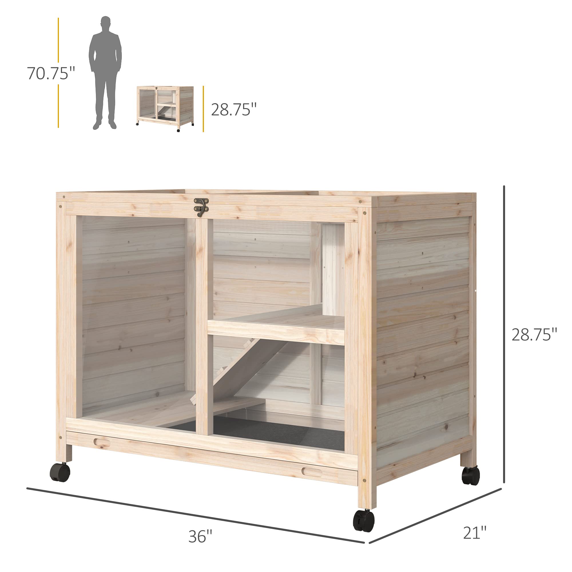 PawHut Wooden Rabbit Hutch with Wheels - Waterproof Bunny Cage with Removable Tray & Openable Roof - Indoor/Outdoor Small Animal House for Rabbits, Guinea Pigs - Perfect for Backyard, Garden or Patio Use
