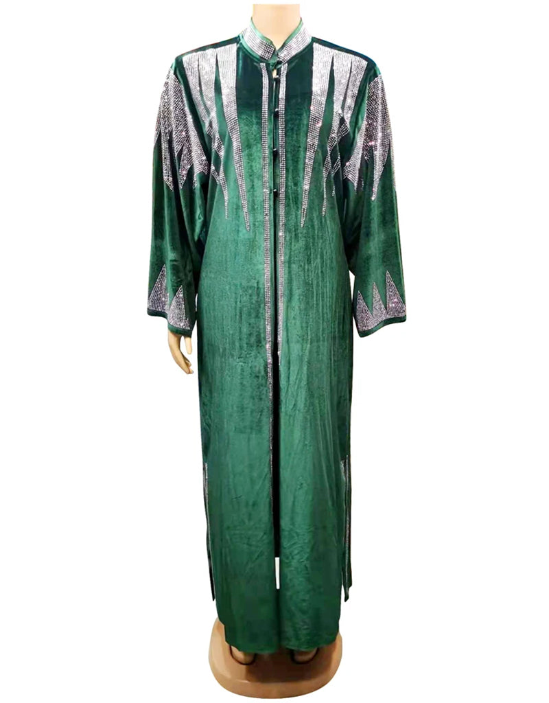 Golden Velvet Abaya with Intricate African Embroidery - Elegant Flowing Maxi Dress for Women - Perfect for Weddings, Parties, and Special Occasions