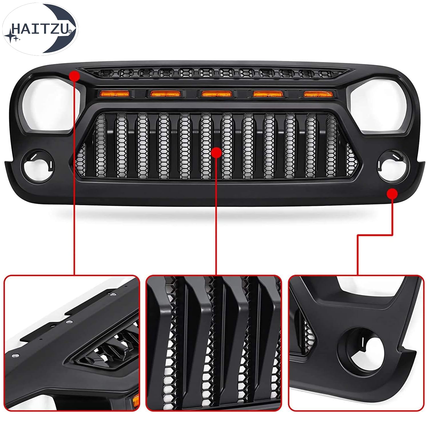 Jeep Wrangler JK & JKU Angry Face Grill (2007-2018) - Matte Black with 5 Amber Lights | Compatible with Rubicon, Sahara, Sport Models | Off-Road & Custom Jeep Accessories Upgrade
