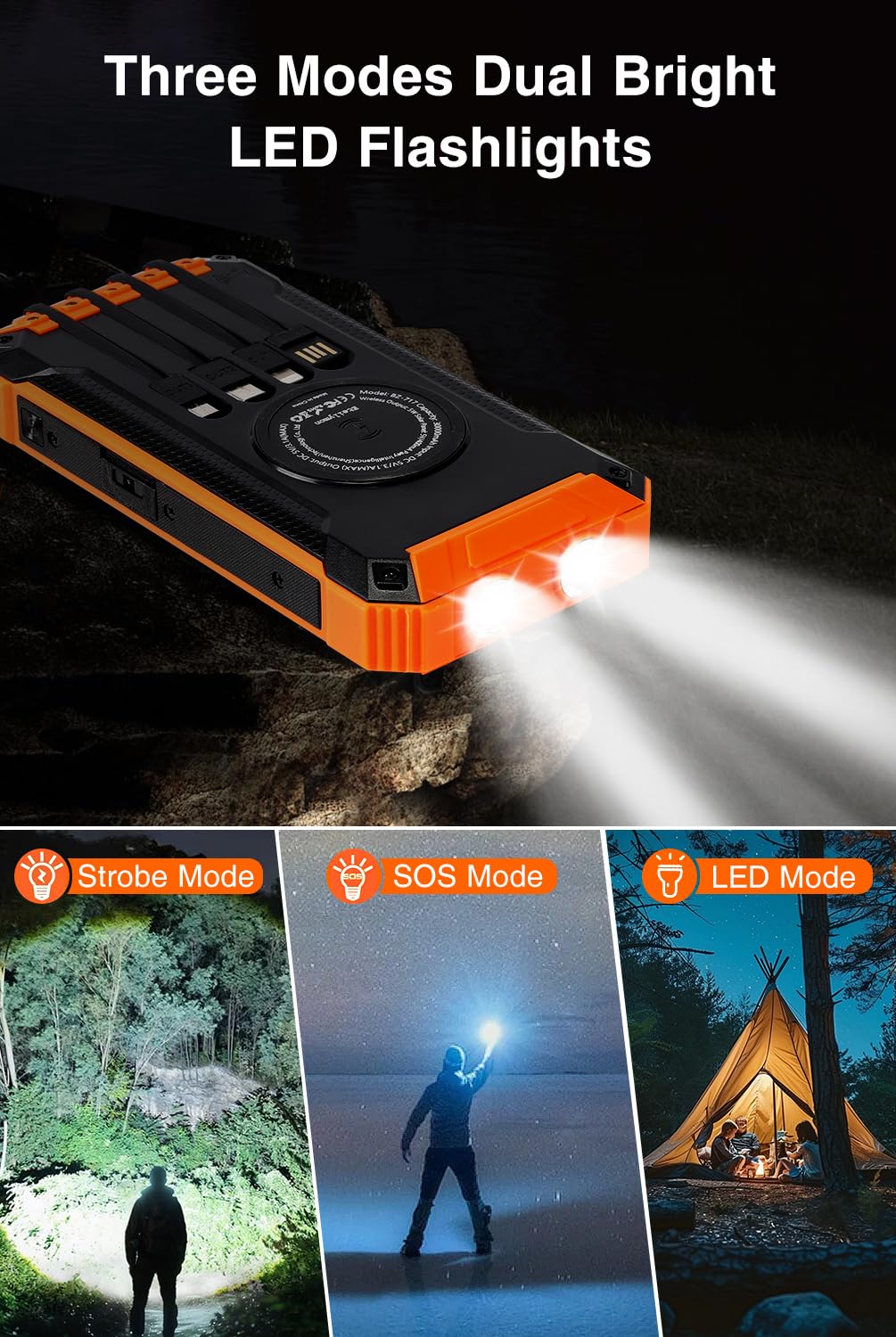 30000mAh Solar Power Bank with Wireless Charging - 15W Fast Portable Charger for iPhone, Samsung, Android | Built-in 4 Cables & 6 Outputs | 3 Inputs & Dual LED Flashlights - Perfect for Camping, Travel & Emergency Power Backup