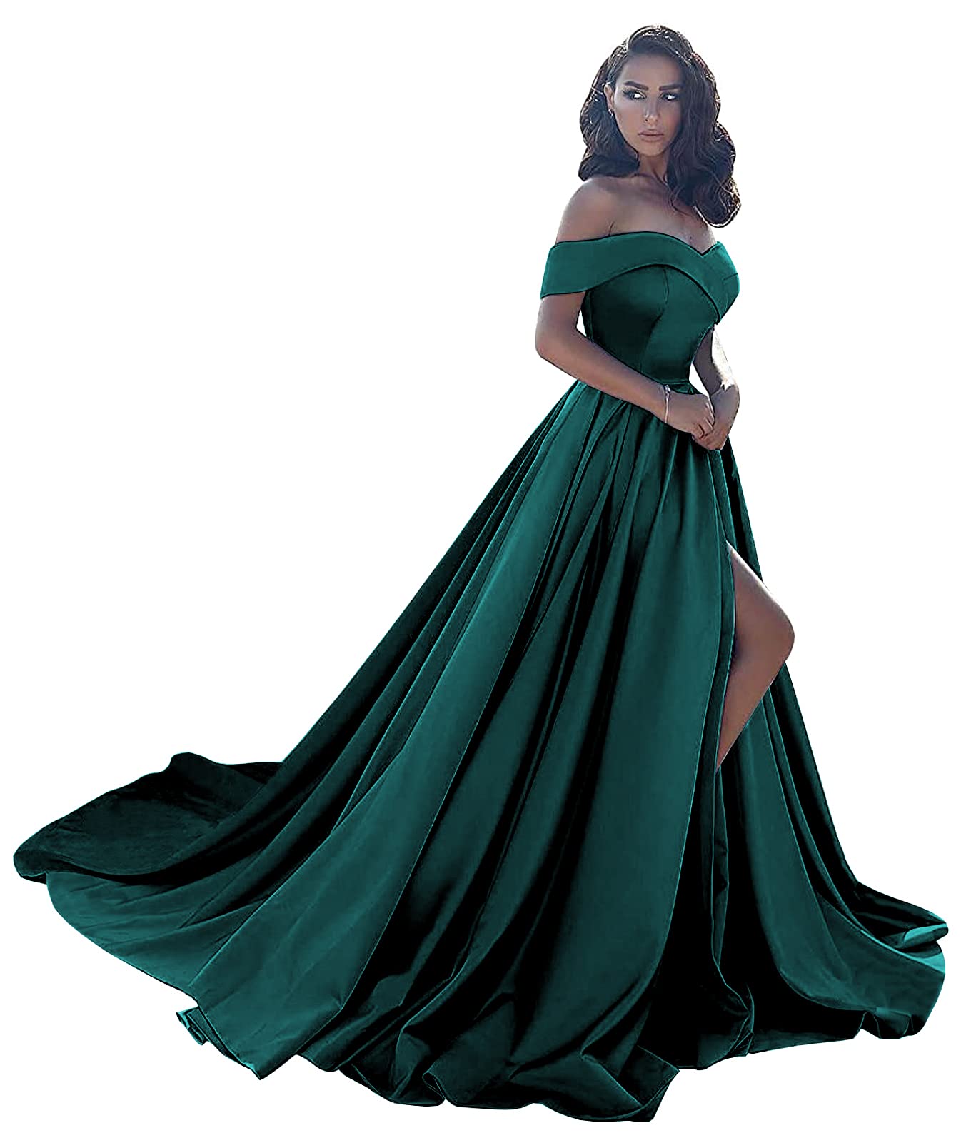 Elegant Women's Off The Shoulder Prom Dress - Long Ball Gown with High Slit & Pockets for Formal Evening Events | Perfect for Homecoming, Prom Night, Wedding Guest & Special Occasions
