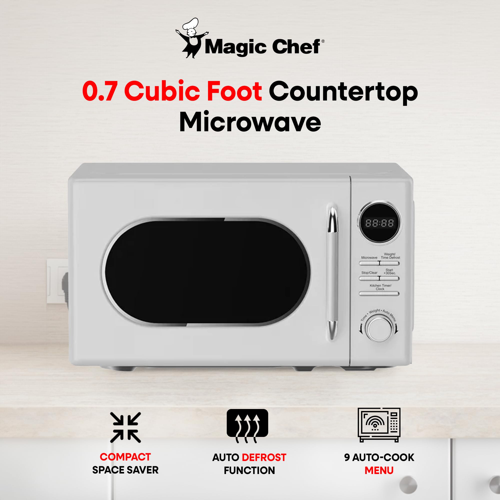 Magic Chef 0.7 Cu Ft Countertop Microwave Oven - Retro Style Compact Microwave for Small Kitchens, Dorms & Offices - White (Perfect for Heating Meals, Popcorn & Beverages)