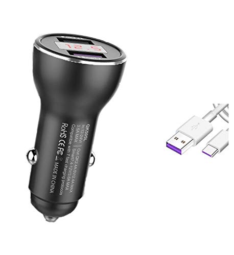 Huawei Supercharge Car Charger 9V/2A Fast Charging Adapter with USB Type C Cable - Compatible with Huawei P40 P30 P20 Pro, Mate 30 20 10 9 - LED Display (Black) | Perfect for Road Trips & Daily Commute