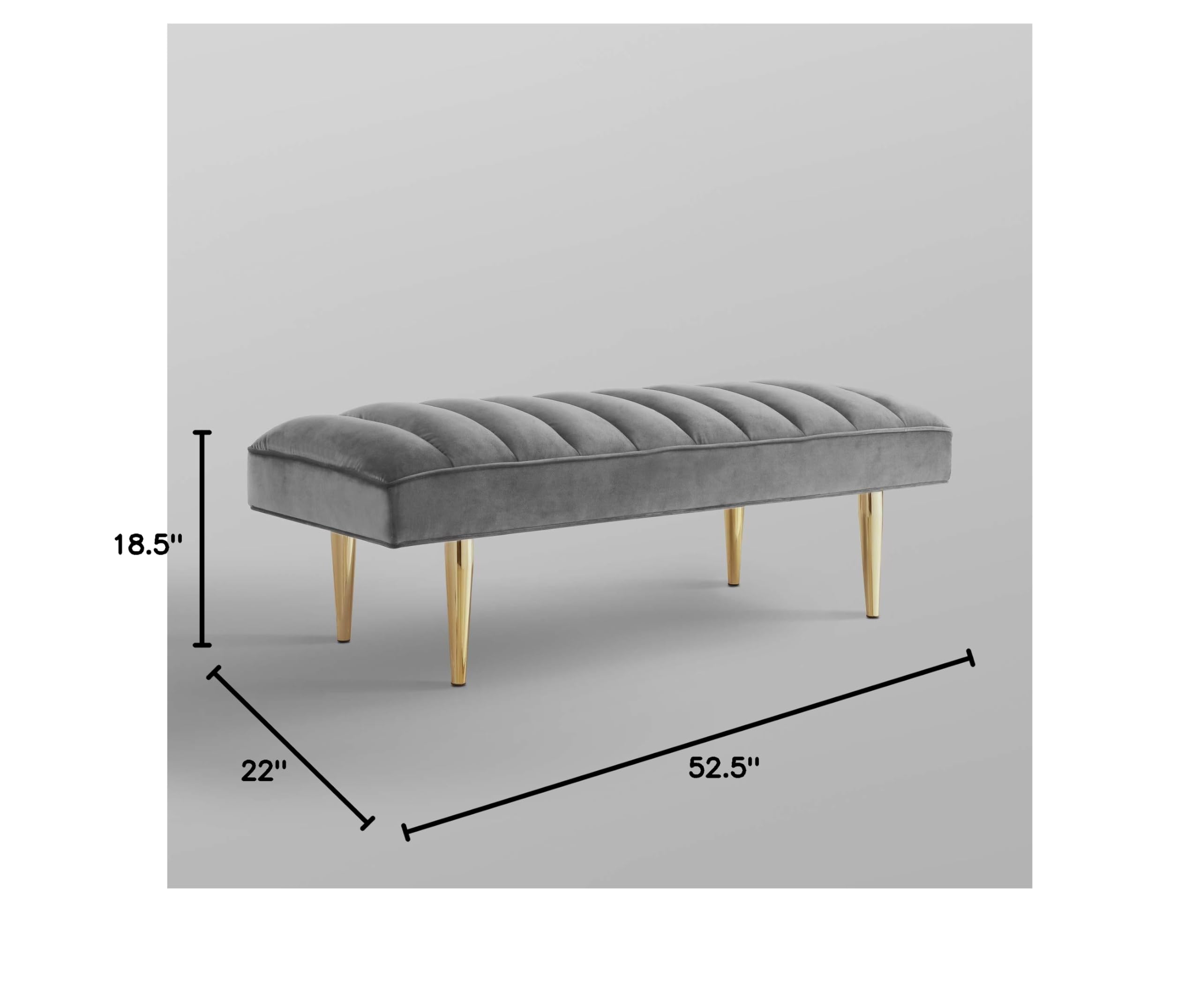 Nicole Miller Raul Velvet Upholstered Bench with Channel Tufting and Mirrored Metal Legs - Glam Light Grey/Gold Accent Chair for Living Room, Bedroom or Entryway Decor