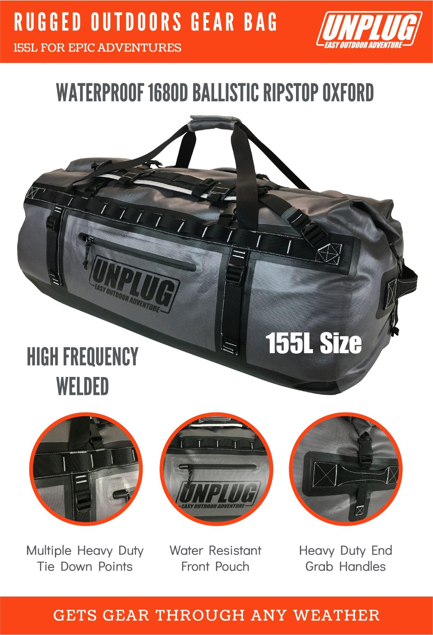 UNPLUG Ultimate Adventure Bag - 1680D Heavy Duty Waterproof Travel Duffel Bag for Camping, Hiking & Outdoor Activities | Motorcycle Dry Bag & Waterproof Boat Bag | Tactical Duffle Backpack for Travel, Military & Emergency Preparedness